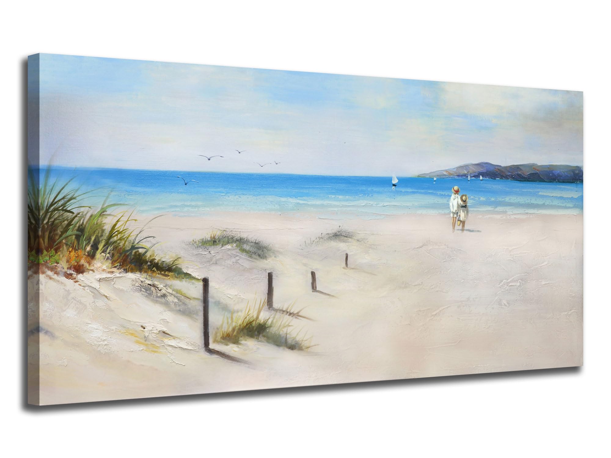 Ardemy Beach Canvas Wall Art Blue Seascape Painting Landscape Picture Hand Painted Textured, Coastal Kids Ocean Artwork Large 40