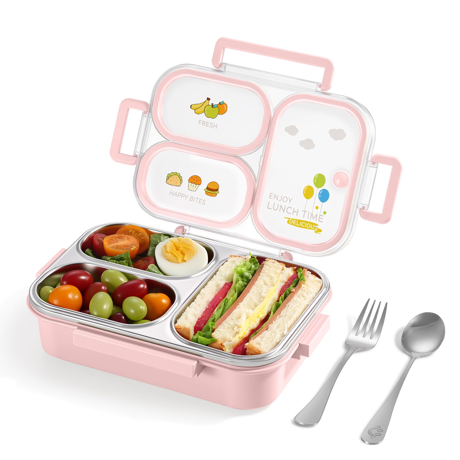 Nukied Stainless Steel Lunch Box, 3-Compartment Leak Proof Metal Bento Lunch Box With Fork & Spoon (Pink)