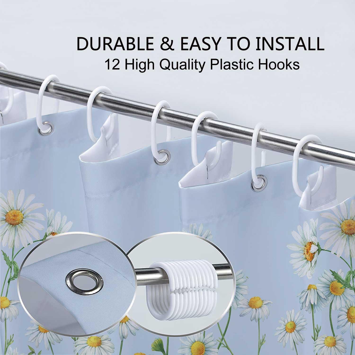 Lacoiime Daisy Shower Curtain, Floral Daisy Shower Curtains Cloth Rustic Farmhouse Shower Curtain Set, Blue Daisy Fabric Bathroo