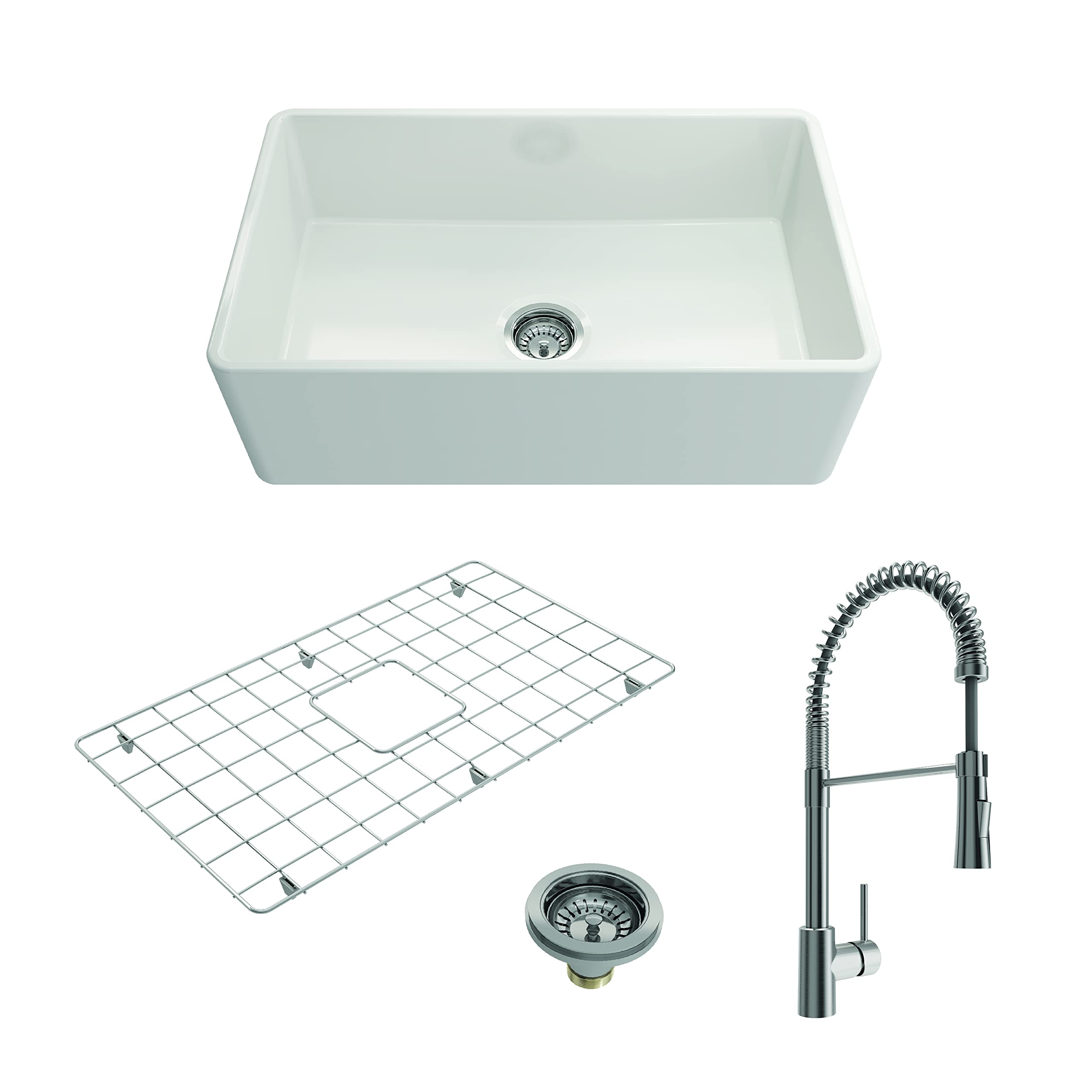 Bocchi Classico White Apron Front Fireclay 30 In. Single Bowl Kitchen Sink With Protective Bottom Grid, Strainer, And Stainless