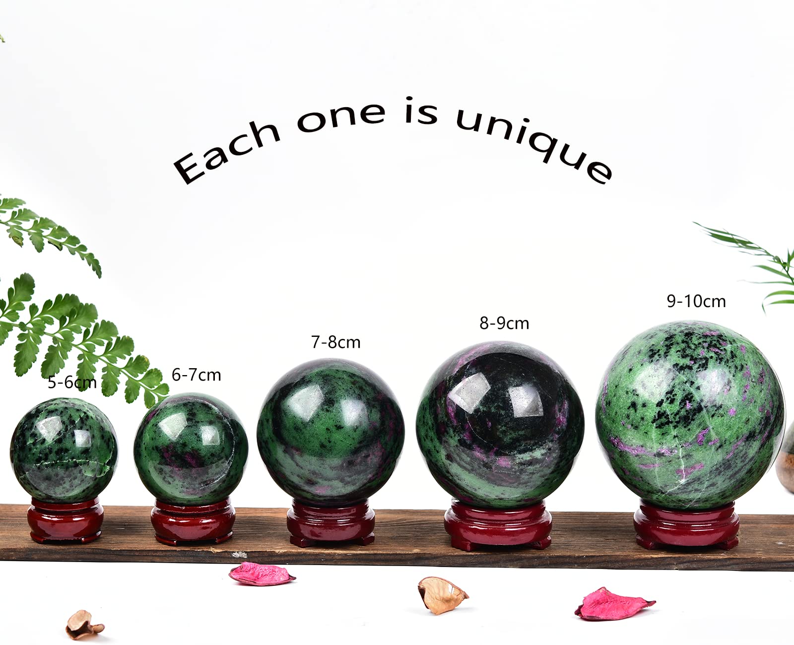 JIC Gem Natural Ruby Zoisite Quartz Crystal Sphere Balls with Wood Stand Red&Green Treasure Gemstone Decorative Orbs Reiki Energ