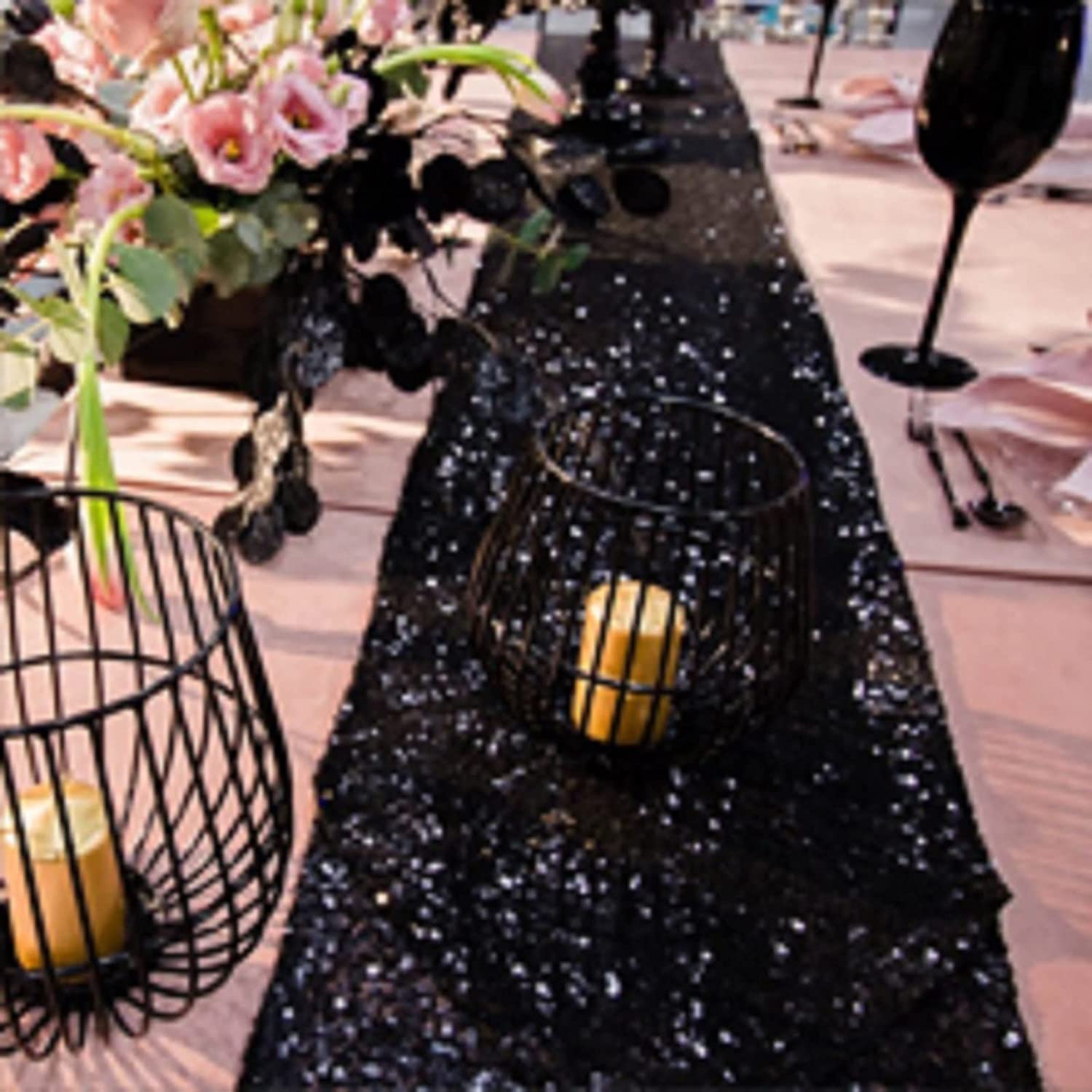Black Sequin Table Runner 12'' X 108'' Pack Of 12 Sequin Glitter Table Runner Glitter Party Supplies For Weding Party Baby Showe