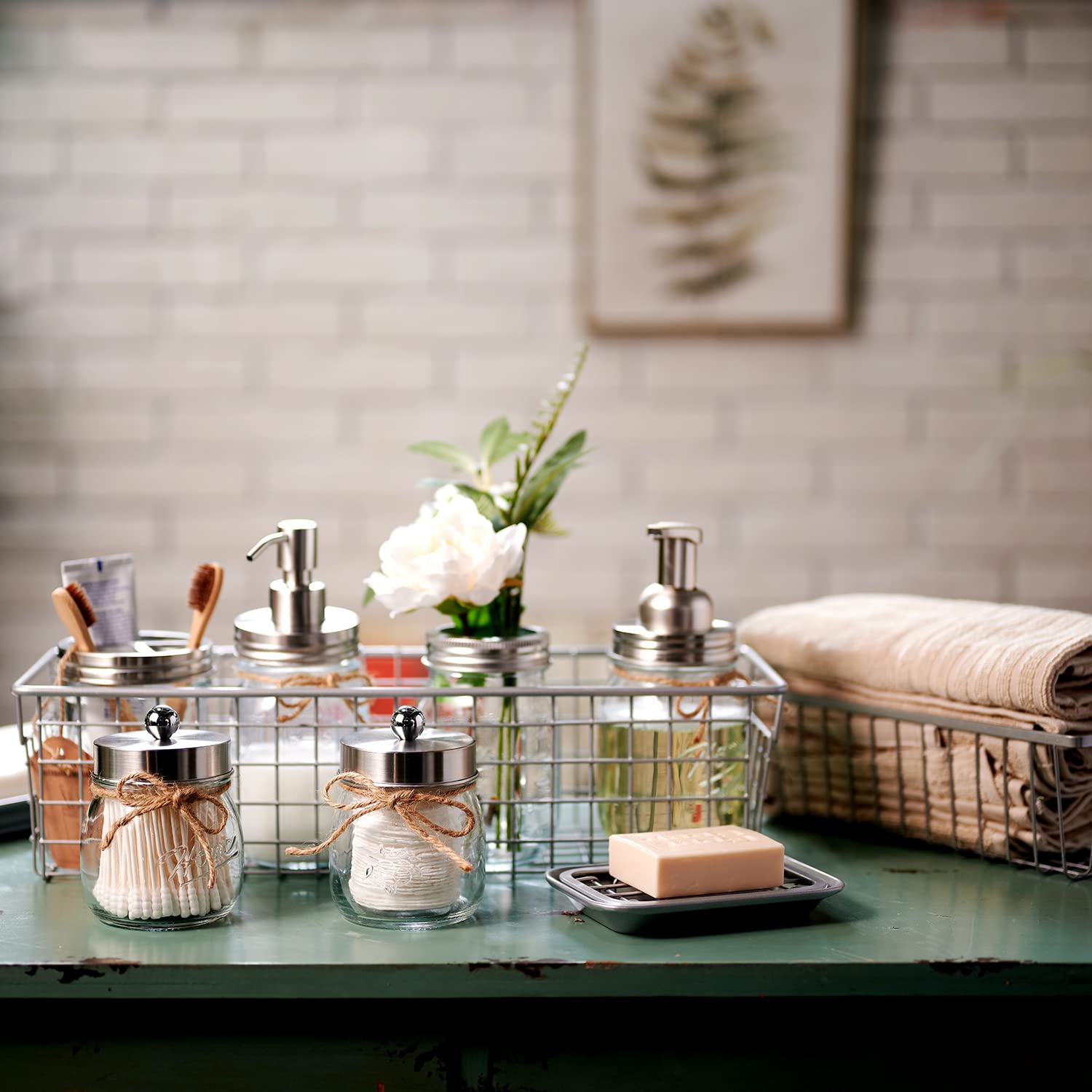 Mason Jar Bathroom Accessories Set- 6PCS - Lotion Soap Dispenser Toothbrush Holder 2 Apothecary Jars(Qtip Holder)  Soap Dish Storage Organizer Basket - Rustic Farmhouse Decor (Brushed Nickel)