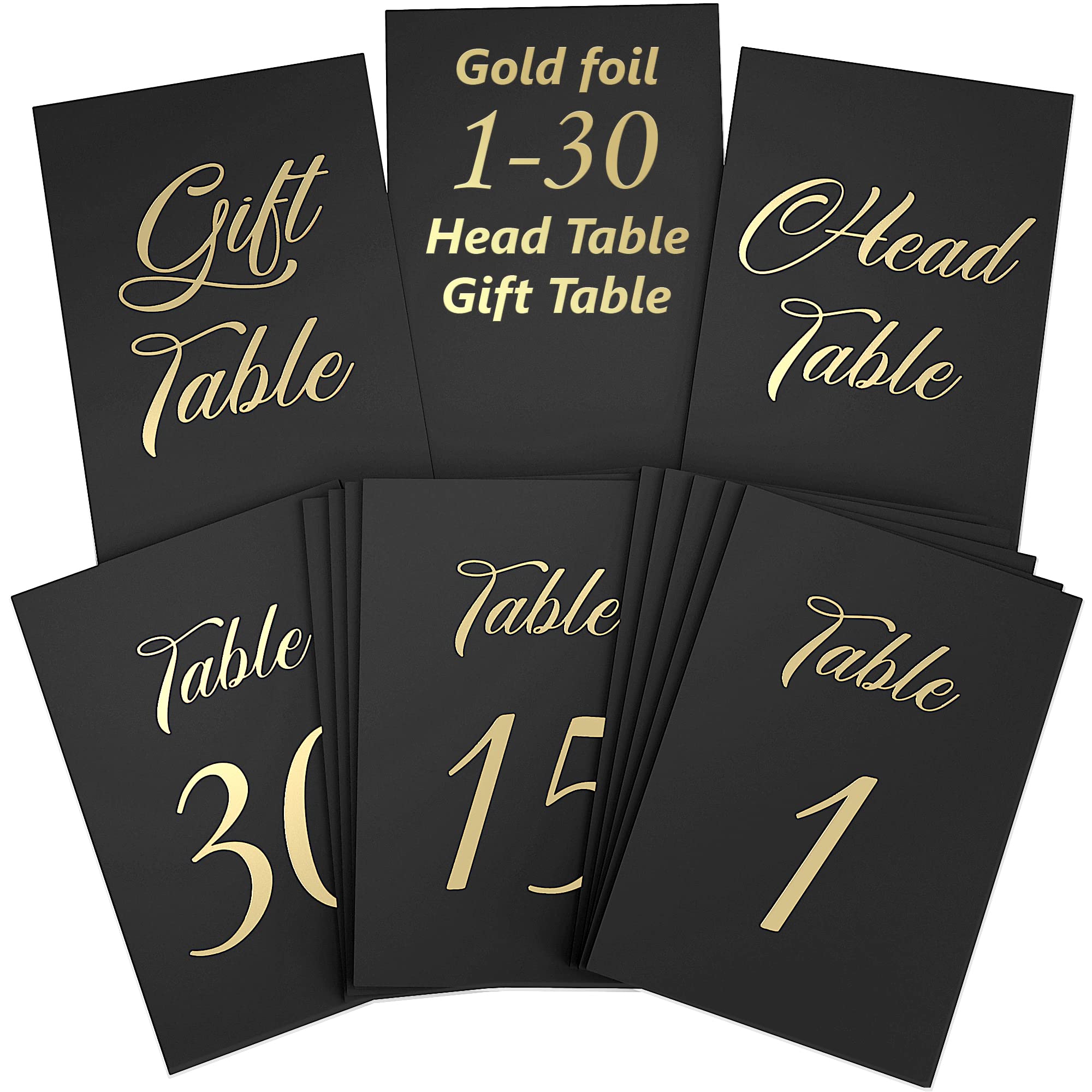 Black Wedding Table Numbers 1-30 With Gold Foil Letters - Table Number Cards 4X6 With Head & Gift Table - Wedding Numbers For Ta