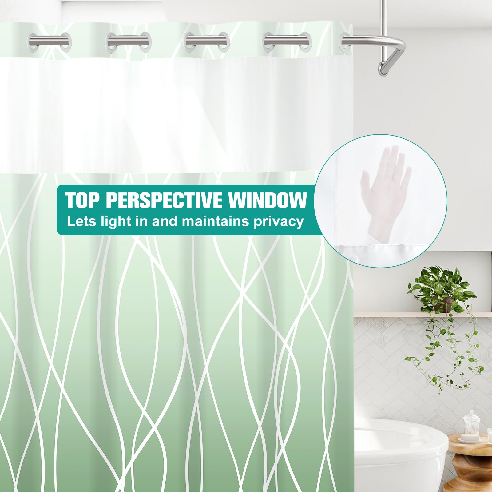 Lxbni No Hook Ombre Green Striped Shower Curtain With Snap In Fabric Liner Set - Hotel Shower Curtain And Liner Set With See Thr