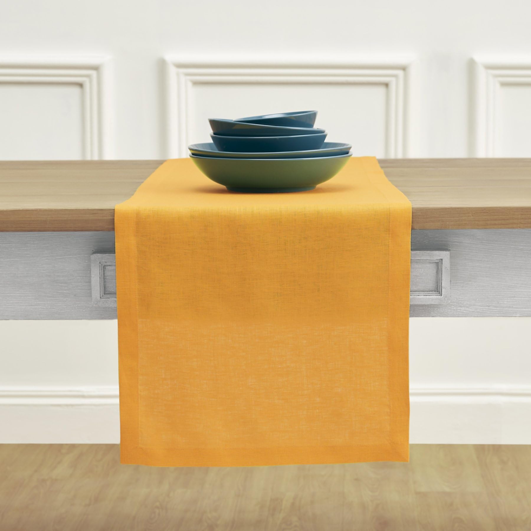 Solino Home Linen Tangerine Yellow Table Runner 120 Inches Long - Fete, 100% Pure Linen Dining Table Runner 14 X 120 Inch Ideal
