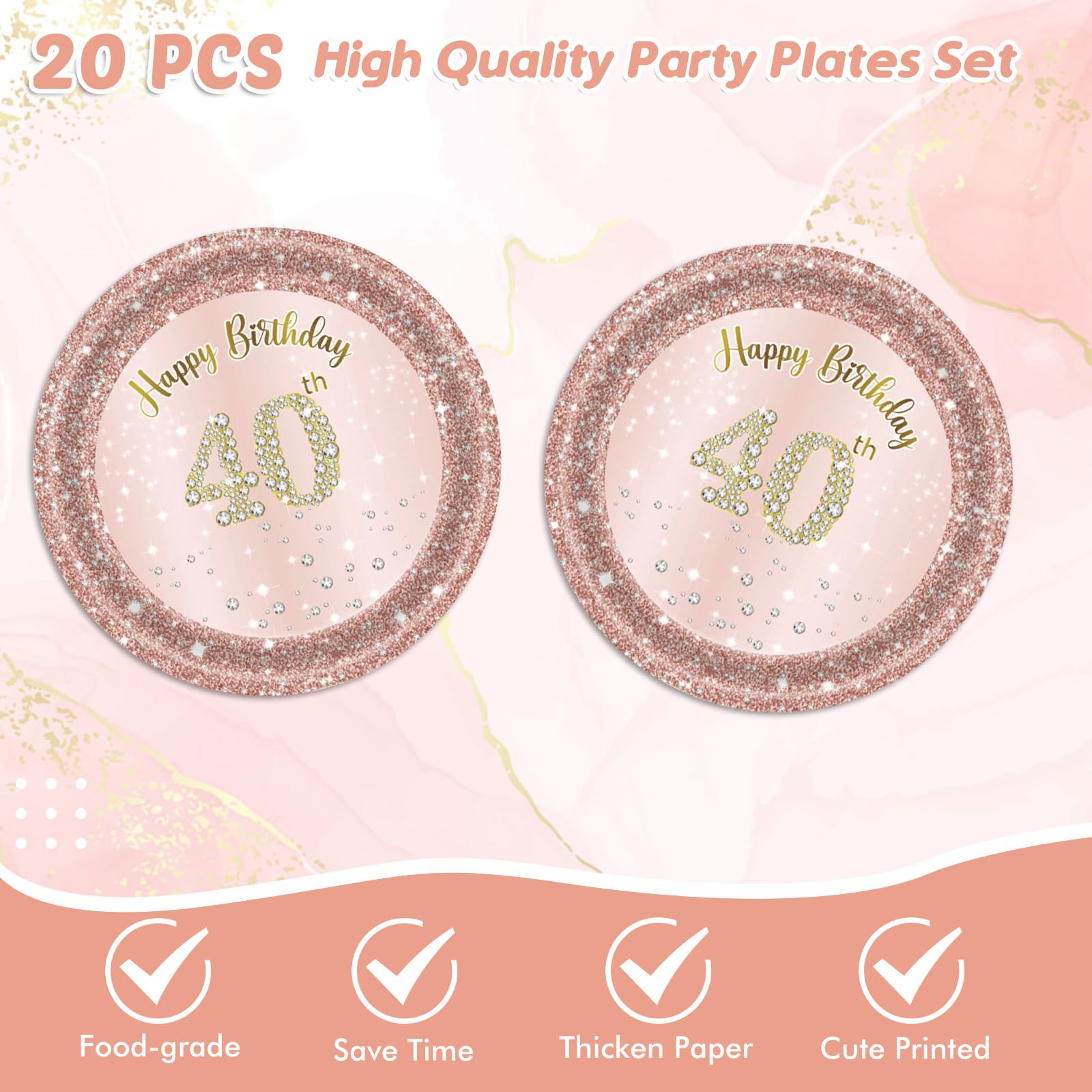 41Pcs 40Th Birthday Decorations, Rose Gold Birthday Party Supplies Include 20Pcs Plates 20Pcs Napkins And 1Piece Tablecloth, Swe