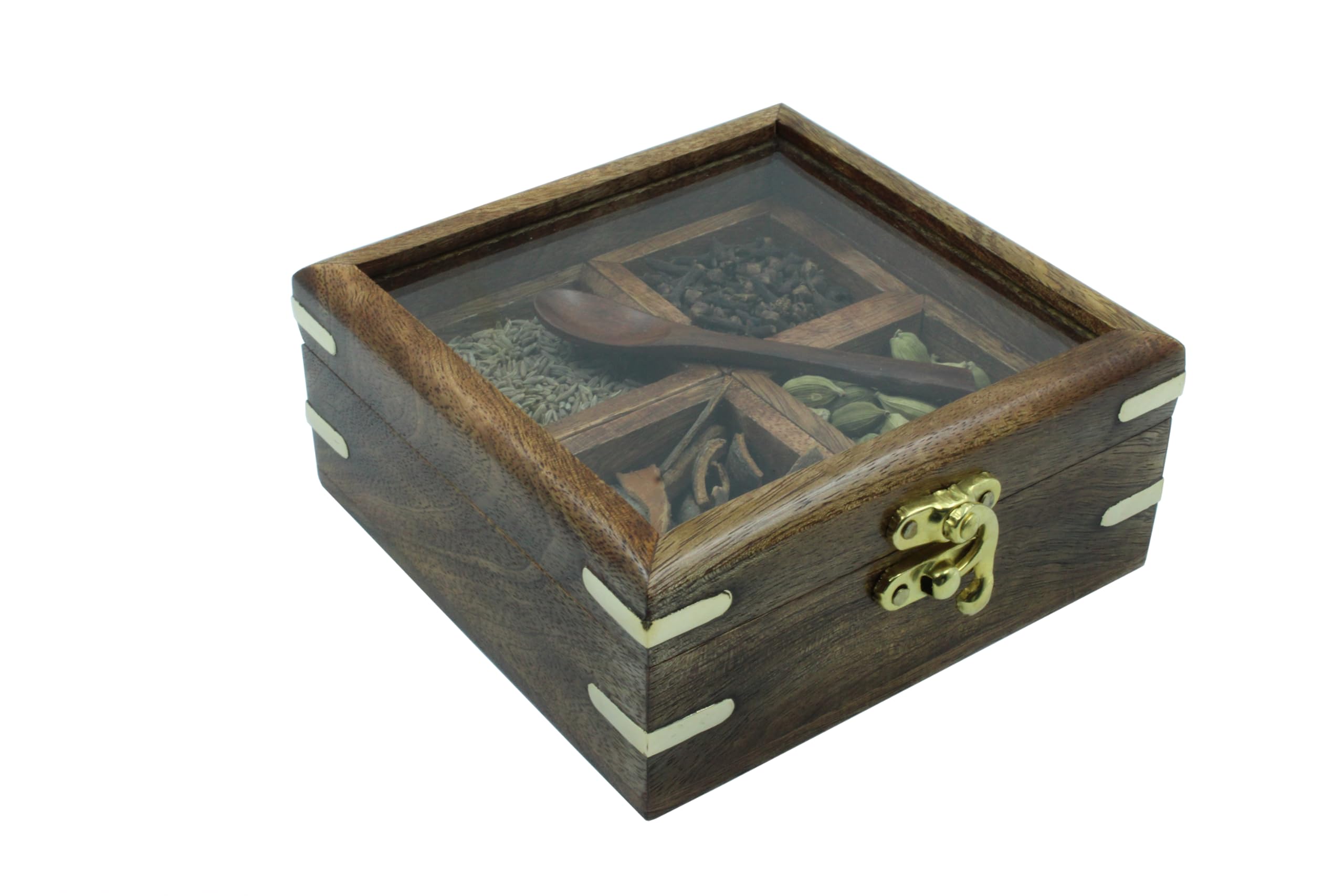 The Mind Challenge Wooden Square Shape Spice Box Set Of 4, Wooden Masala Box With 4 Compartment For Kitchen Spices (ColorBrown)