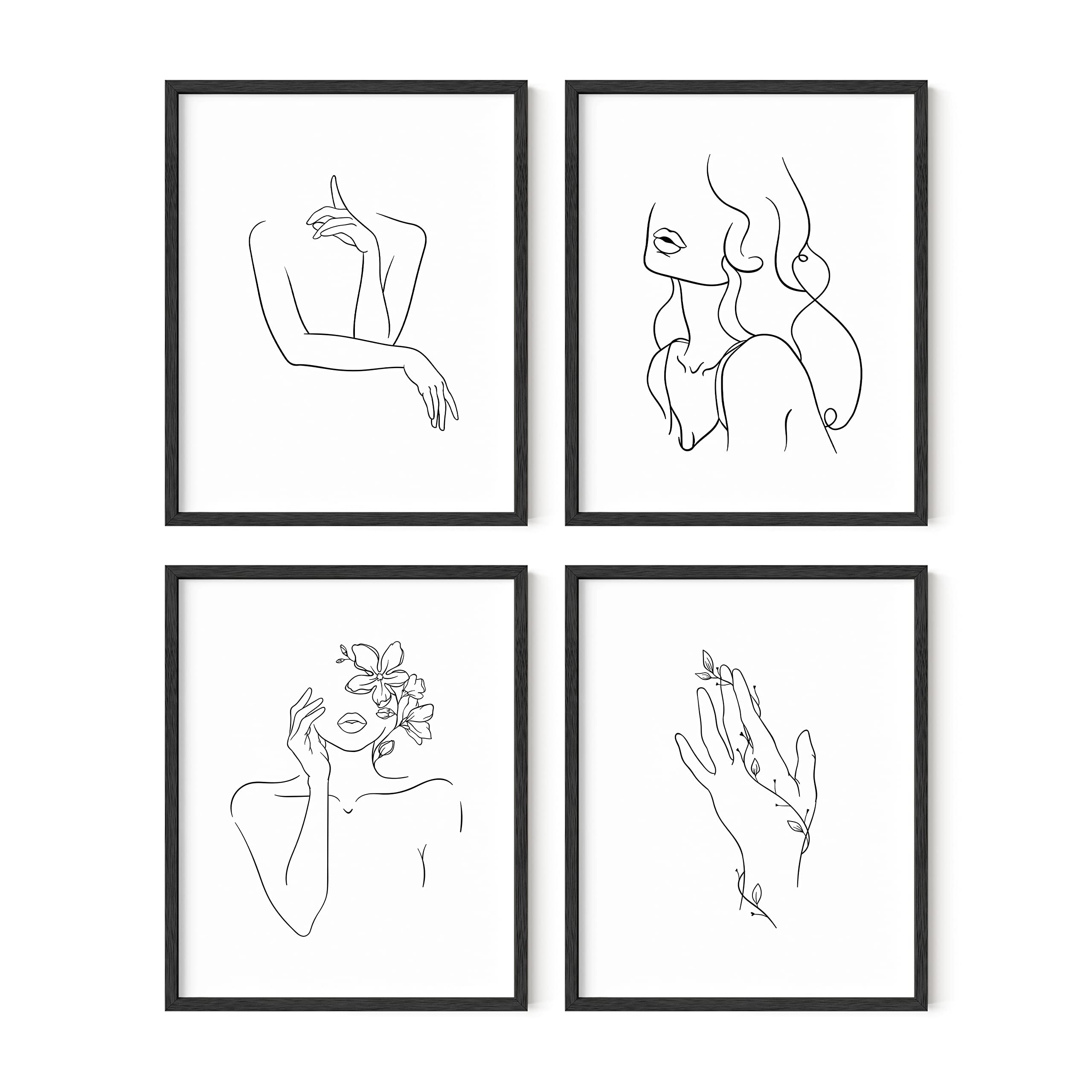 Ripgrip Minimalist Wall Art - Set Of 4 Woman Silhouette Line Drawings, Room Aesthetic Posters, Abstract Decor (Black Frame, 8X10