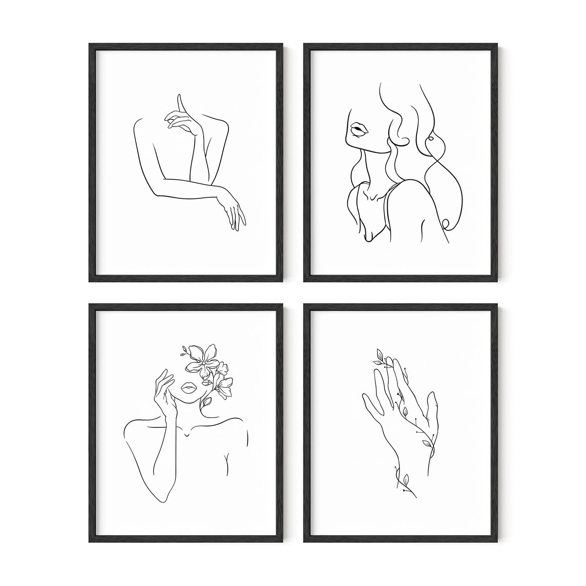 Ripgrip Minimalist Wall Art - Set Of 4 Woman Silhouette Line Drawings, Room Aesthetic Posters, Abstract Decor (Black Frame, 8X10
