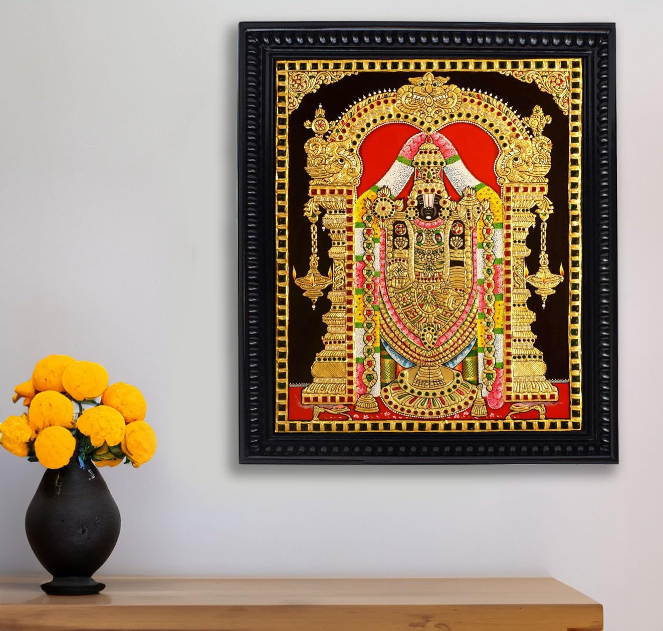 Tarang Arts Lord Tirupati Balaji Tanjore Paintings With Wooden Mani Frame, 3D Embose Design, 22-Carat Gold Foil & Jaipur Stones
