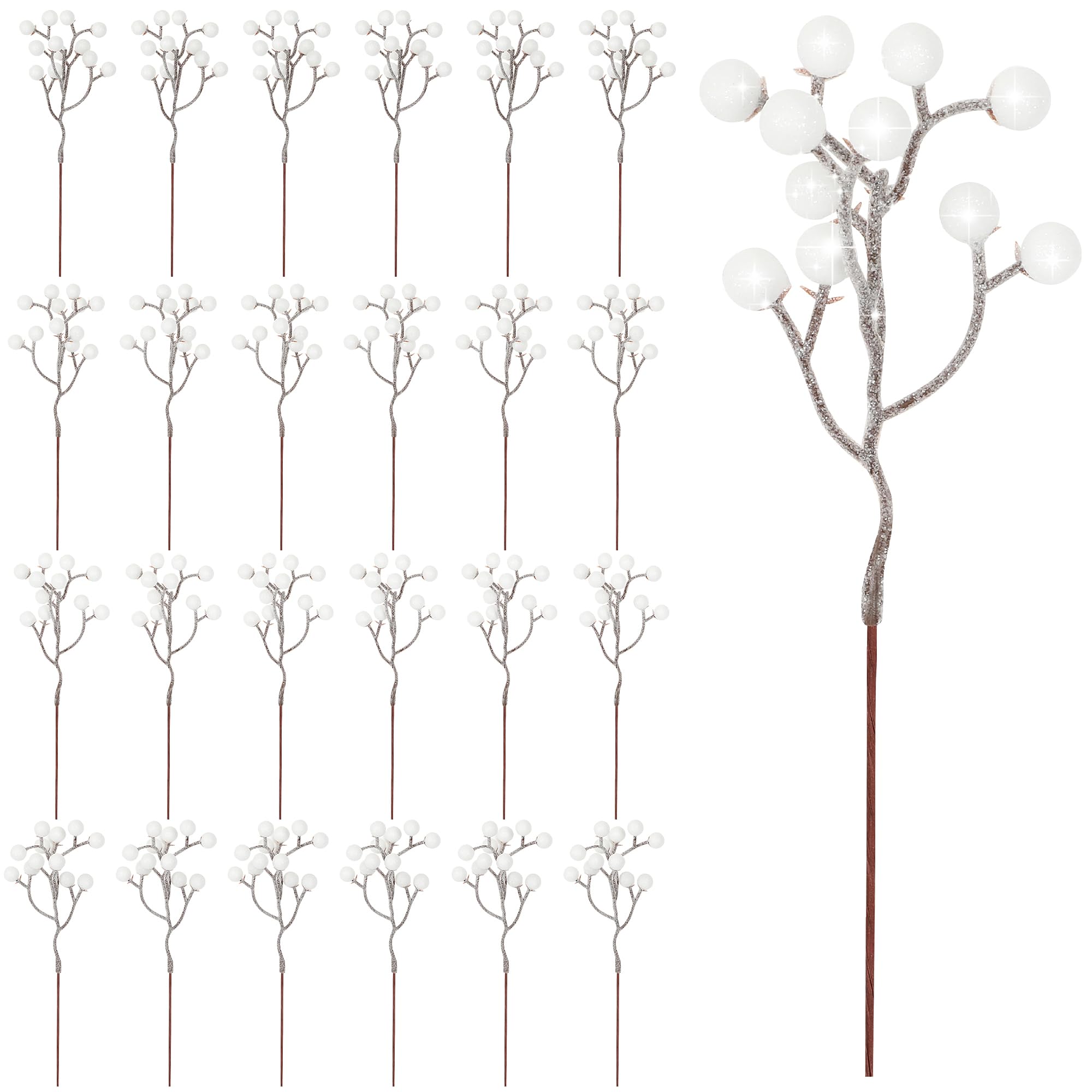 Vipay 24 PCS Christmas Tree Decor, 7.08 in White Berry Picks, Artificial Berries Branches Christmas Berry Stems for DIY Wreath F