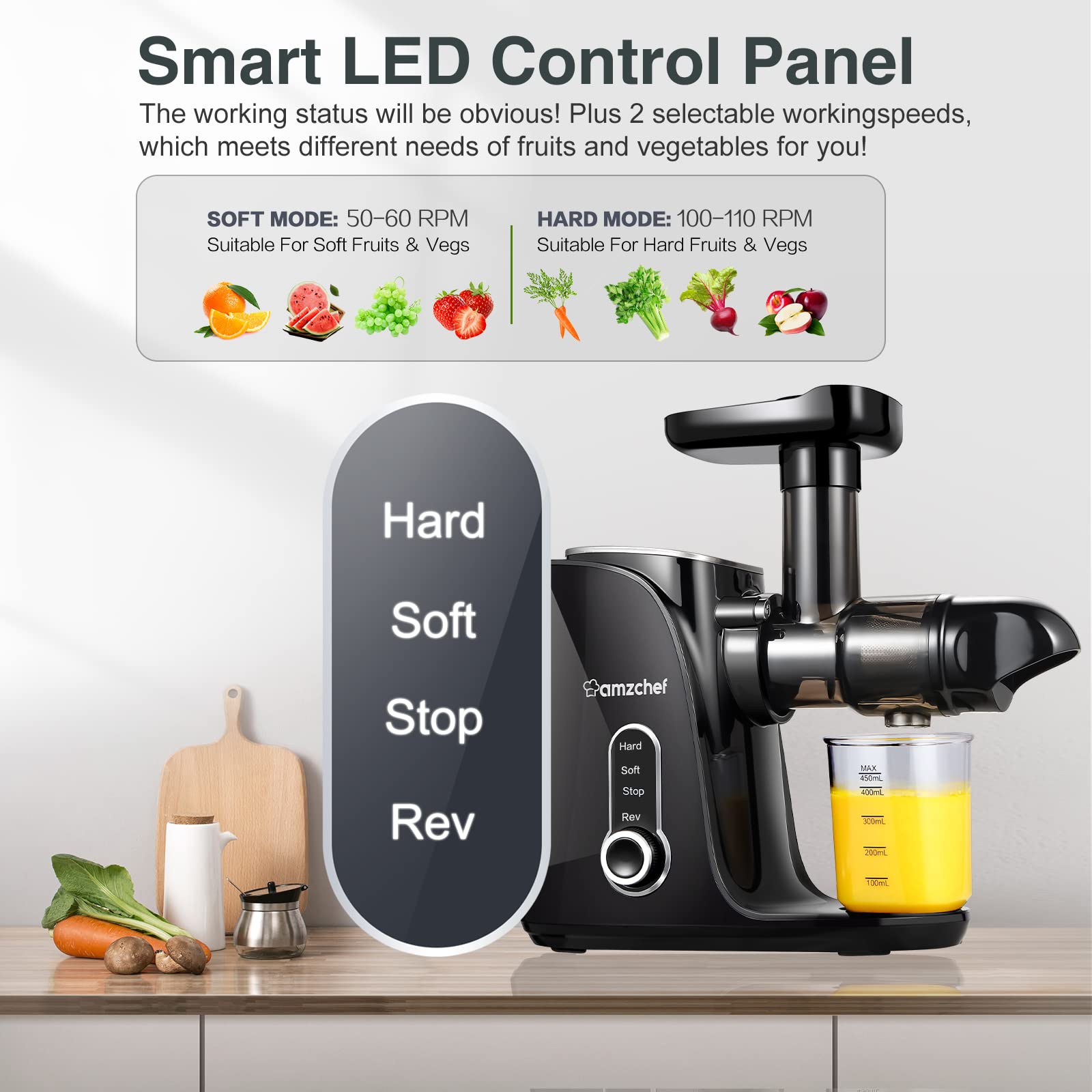Juicer Machines, Amzchef Slow Cold Press Juicer With 2 Speed Modes, Travel Bottles(500Ml),Easy To Clean Brush & Quiet Motor For