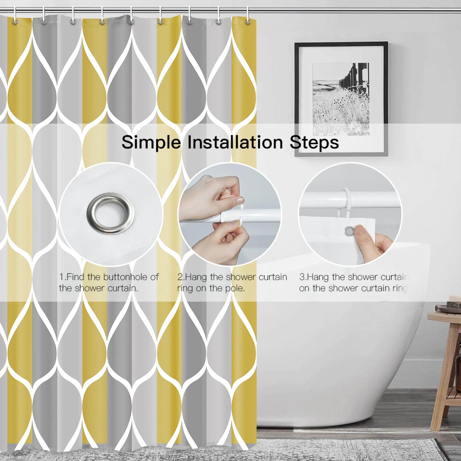 Gelbchu Gray Yellow Shower Curtain W 72 X H 72, Waterproof Design And Polyester, Quick-Drying, Weighted Hem, Shower Curtains Set