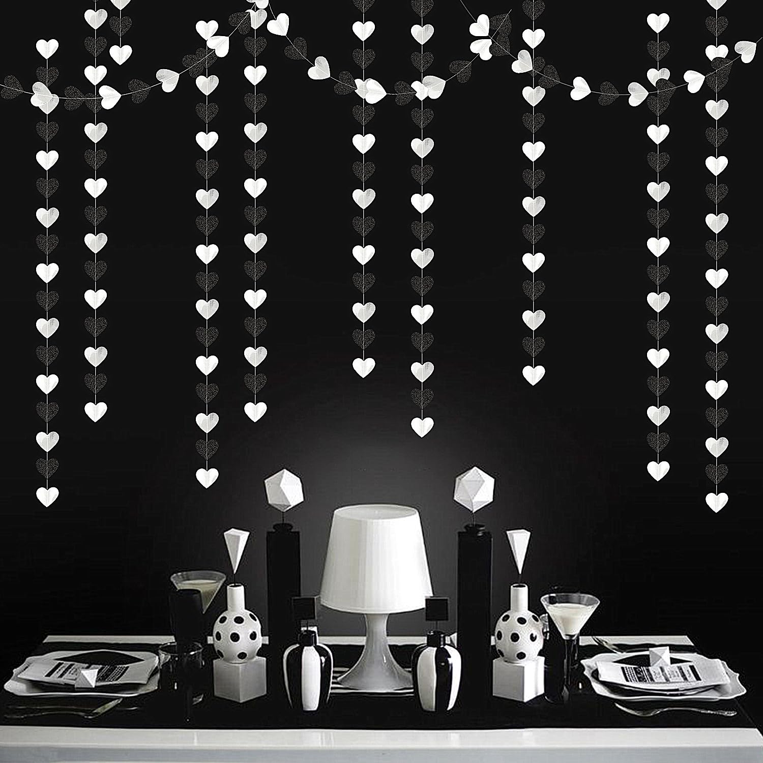 Black White-Silver Party-Decoration Heart Garland - 52Ft 21St Men Birthday New Years Eve Hanging Backdrop Streamers,Graduation E