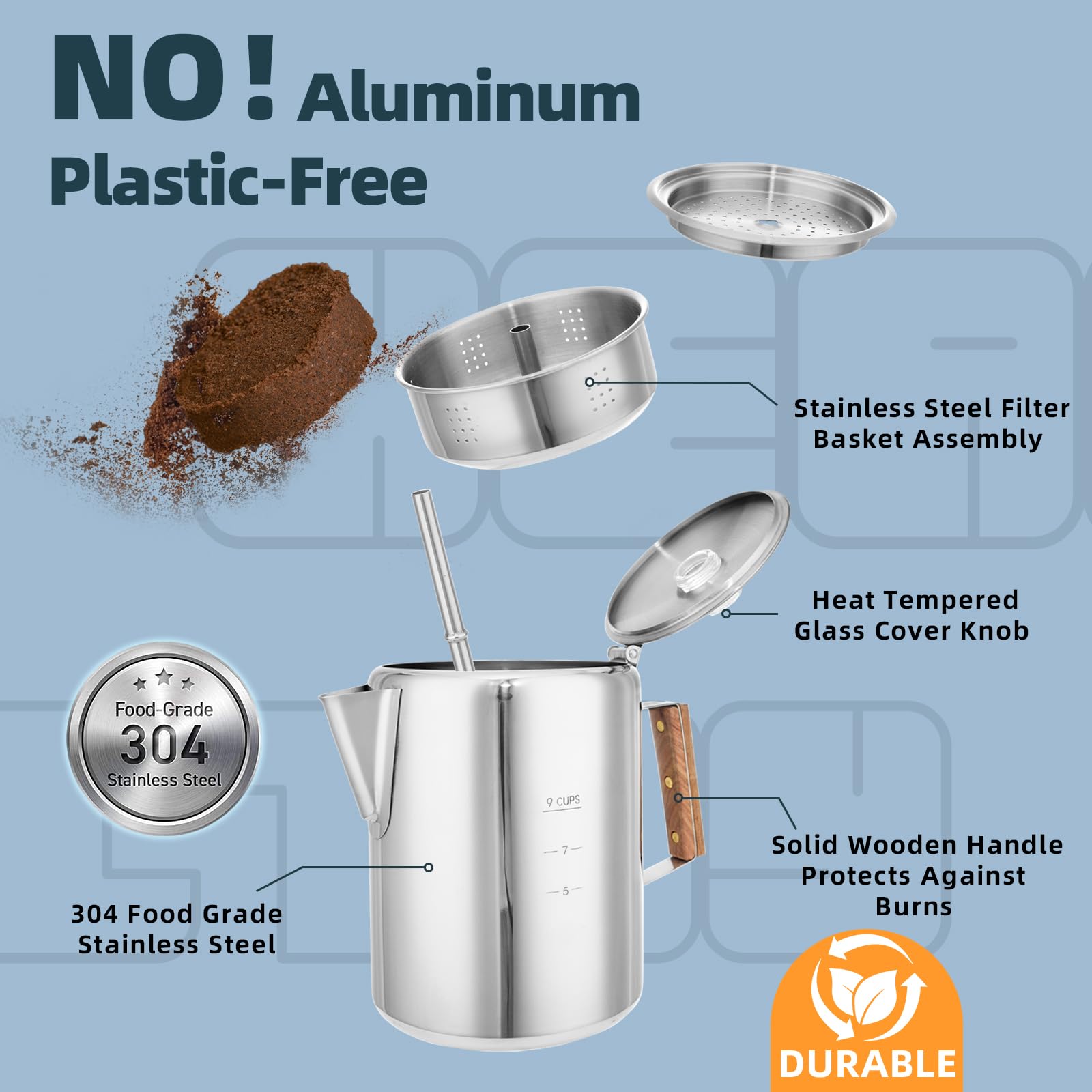 MEREZA 9 Cup Stainless Steel Camping Coffee Pot - Stovetop Percolator for Outdoors & Home