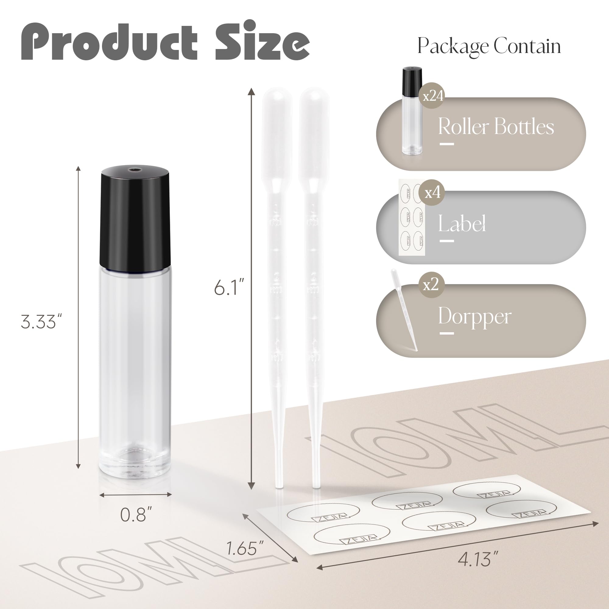 Zejia 10Ml Roller Bottles For Essential Oils, 24 Pack Clear Roll On Bottles, Thick Glass Roller Bottles For Oils, With Stainless