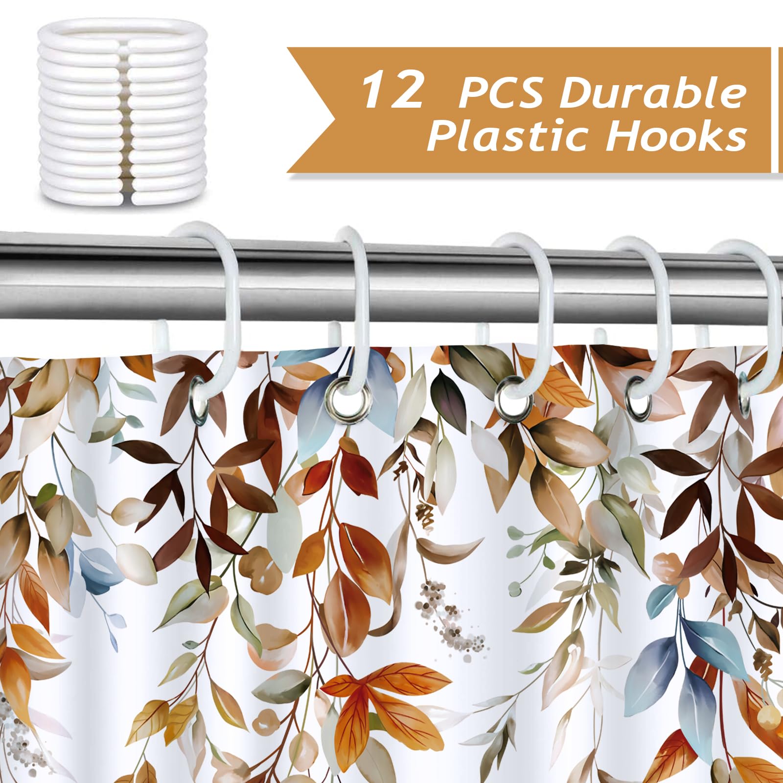 Bonhause Brown Eucalyptus Shower Curtain, Watercolor Plant Leaves Bathroom Curtain 72 X 72 Inch Polyester Fabric Waterproof Bath