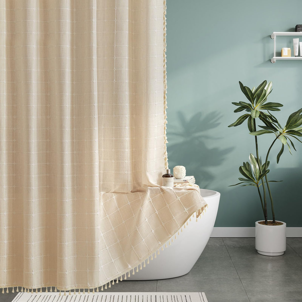 Yuanice Boho Farmhouse Shower Curtain 96 Inch Extra Long Linen Fabric Weighted Thick Bathroom Shower Curtain Set With Tassels, M