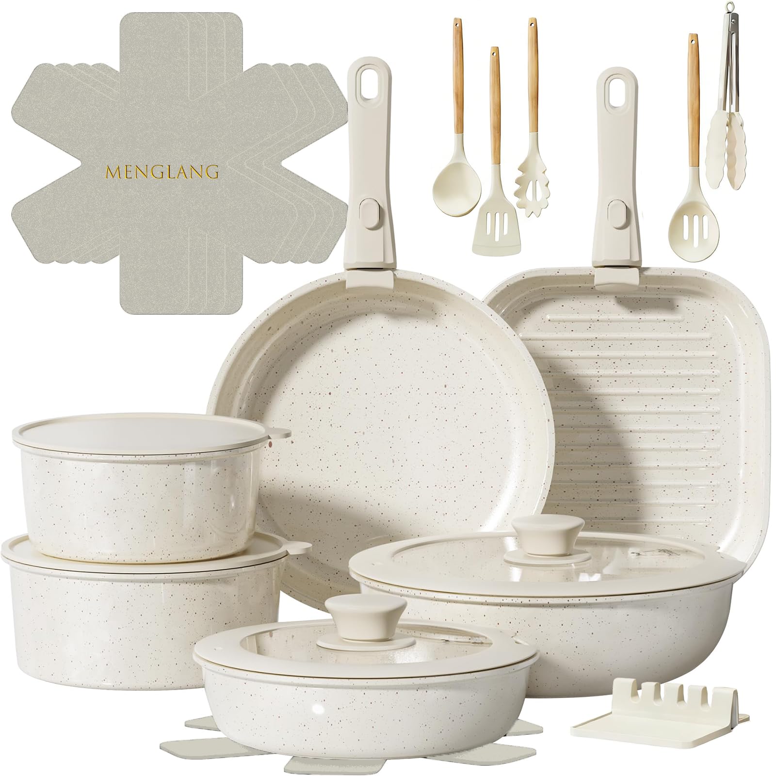 23Piece Pots and Pans Set,Kitchen Nonstick Cookware Sets, White Granite Induction Cookware Nonstick Cooking Set with Frying Pan