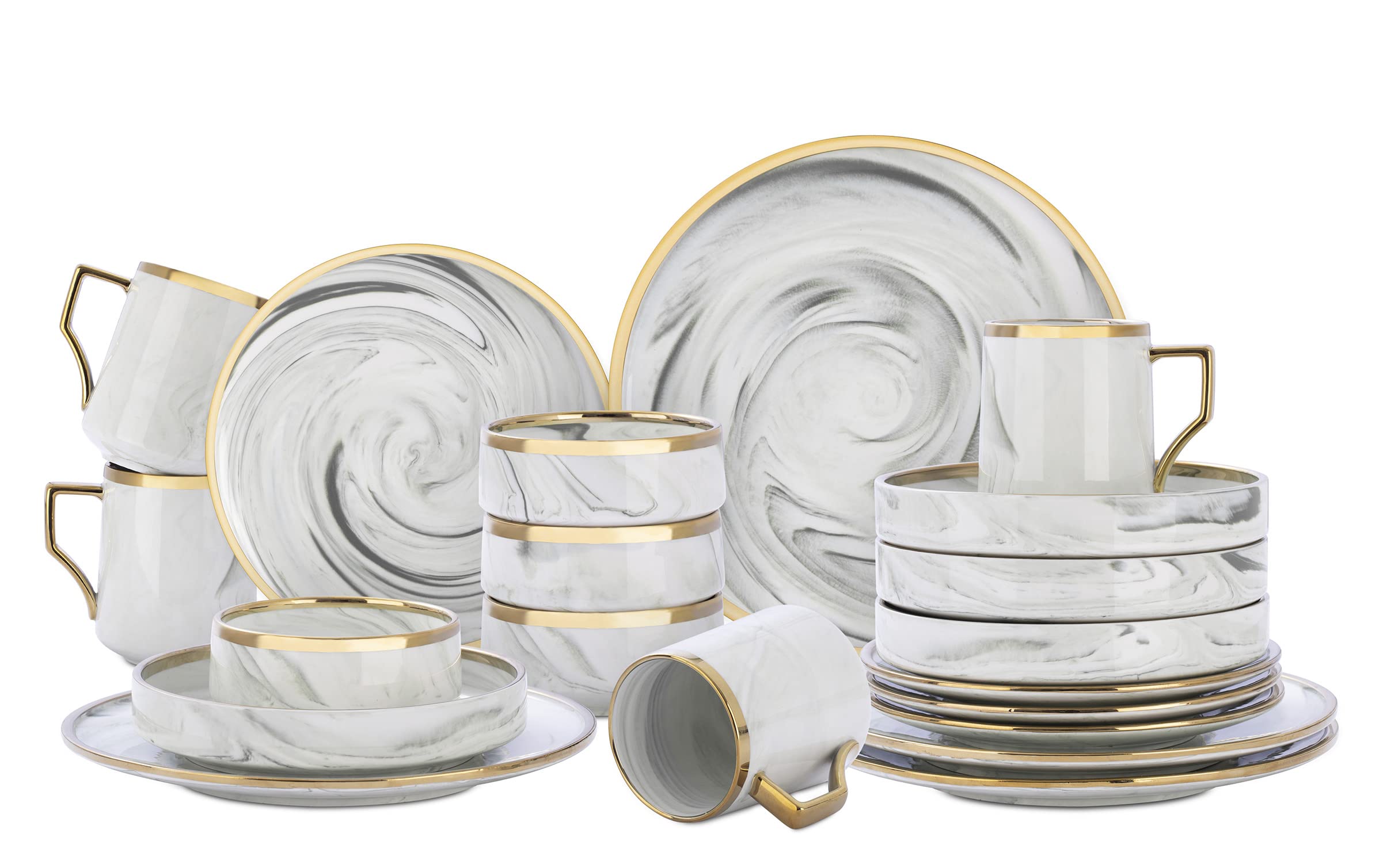 HomeVss, Fine China Artisan Marbled 20pc Dinnerware Set, Grey with Gold Line