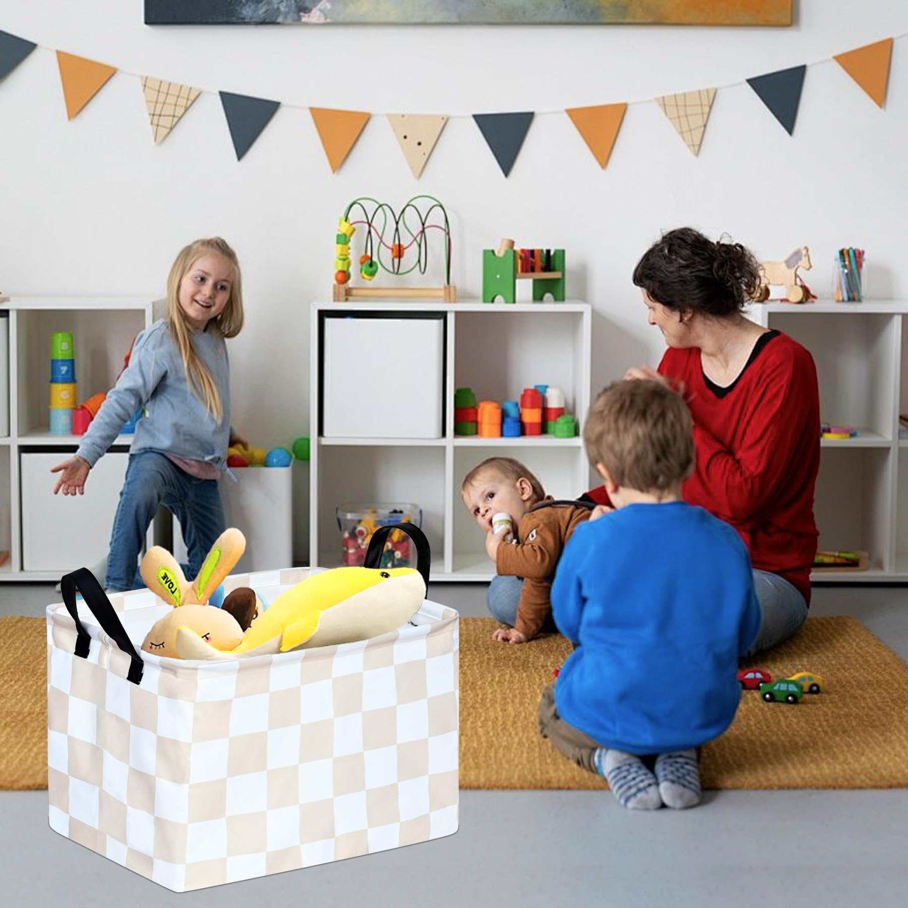 MAIZMZ Beige Check Storage Basket Baby Toys Organizer Bins Decorative Gifts Bakset Waterproof Nursery Hamper Women Storage Cube