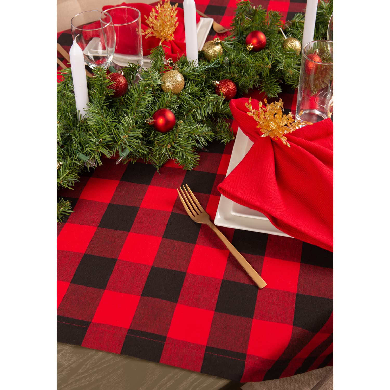 Dii Buffalo Check Collection, Classic Farmhouse Tablecloth, Table Topper, 40X40, Red & Black