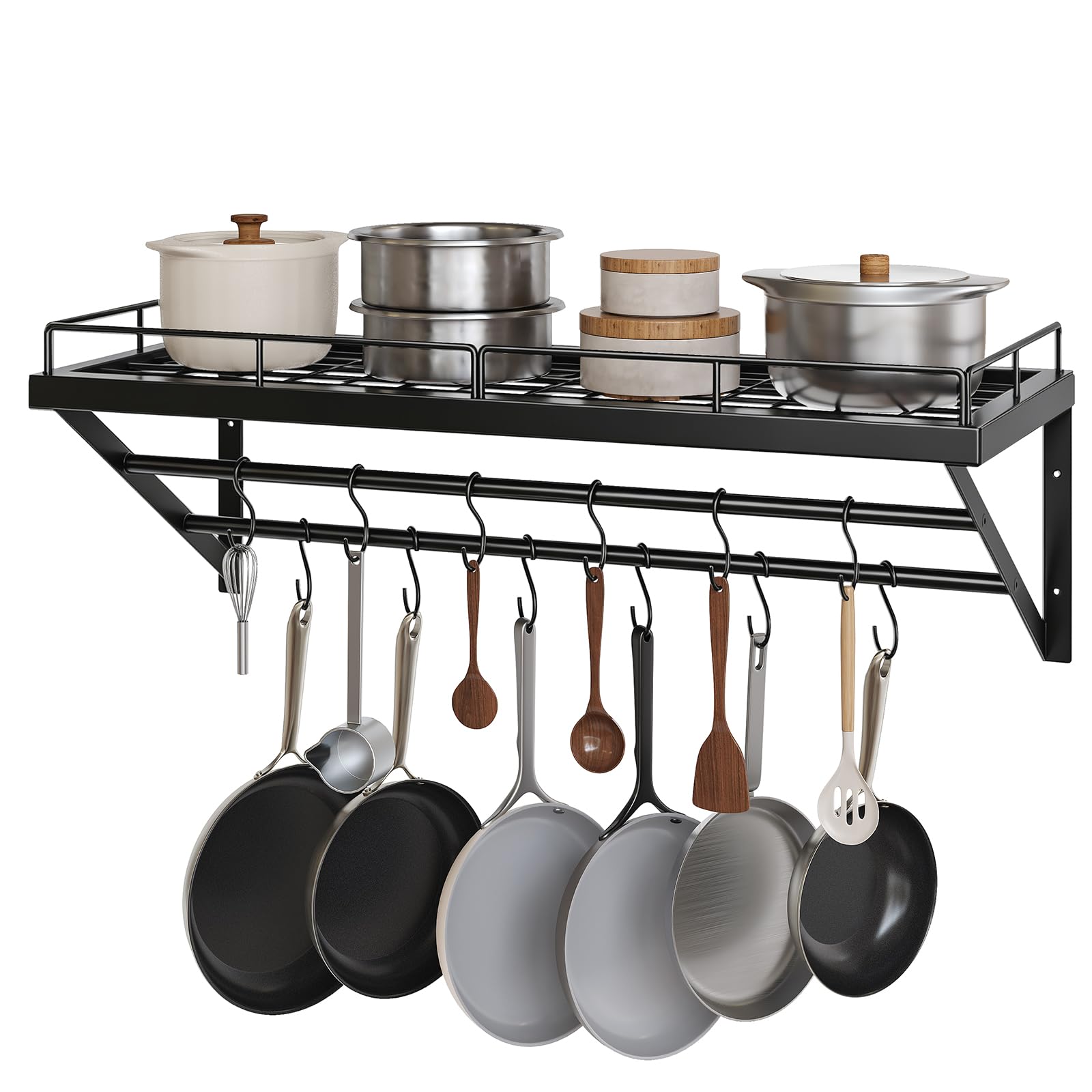 YATINEY Pot Rack, 30 Inch Wall Mounted Pot Rack, Kitchen Pot and Pan Organizer with 2 Tier Hanging Rails, 12 SHooks, Space Savi