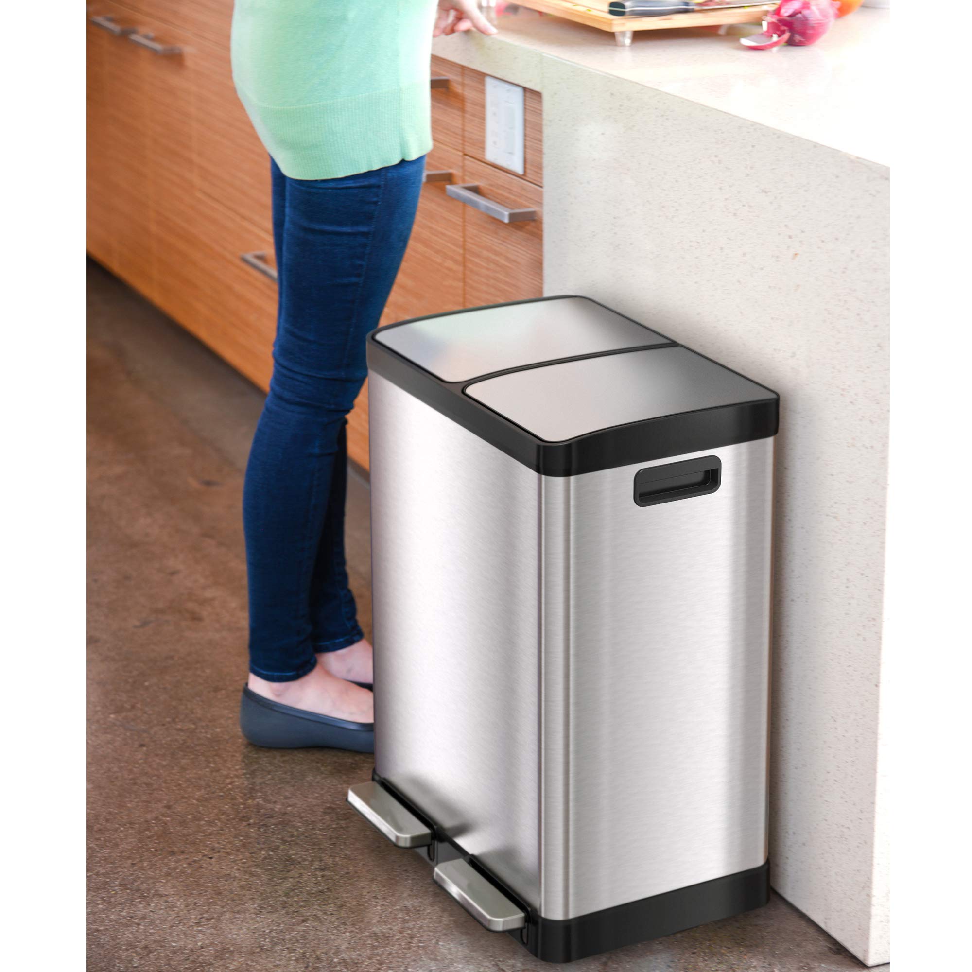 Itouchless 16 Gallon Kitchen Dual Step Trash Can & Recycle Bin, Stainless Steel, Includes 2 X 8 Gallon (30L) Removable Inner Buc