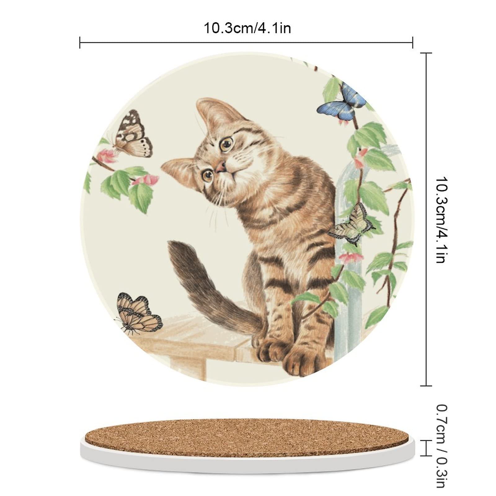 Cat With Butterflies Coasters For Drinks Set Of 6, 4 Inch Absorbent Diatomite Ceramics Coasters For Coffee Table With Cork Base