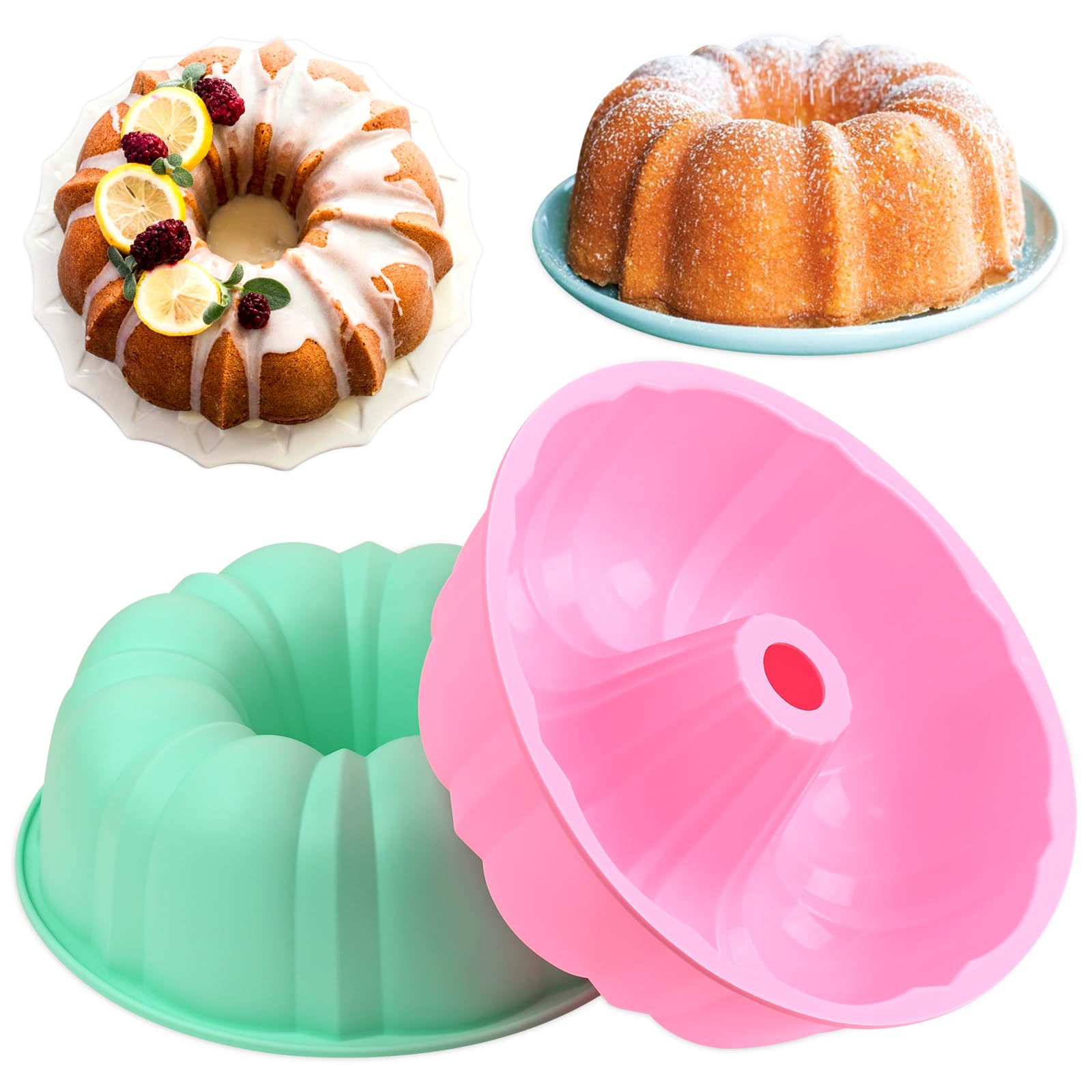 Huakener 10 Inch Bundt Cake Pan (2 Pack) - 12 Cups Nonstick Fluted Tube Pan, Large Size Silicone Baking Molds For Cake, Brownie,