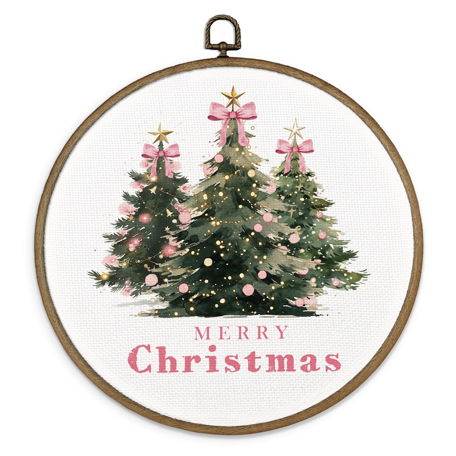 Maqika Pink Christmas Tree Framed Wall Art Decor, Christmas Canvas Wall Art, Xmas Winter Bow Round Wall Hanging Decor, Pink Prep
