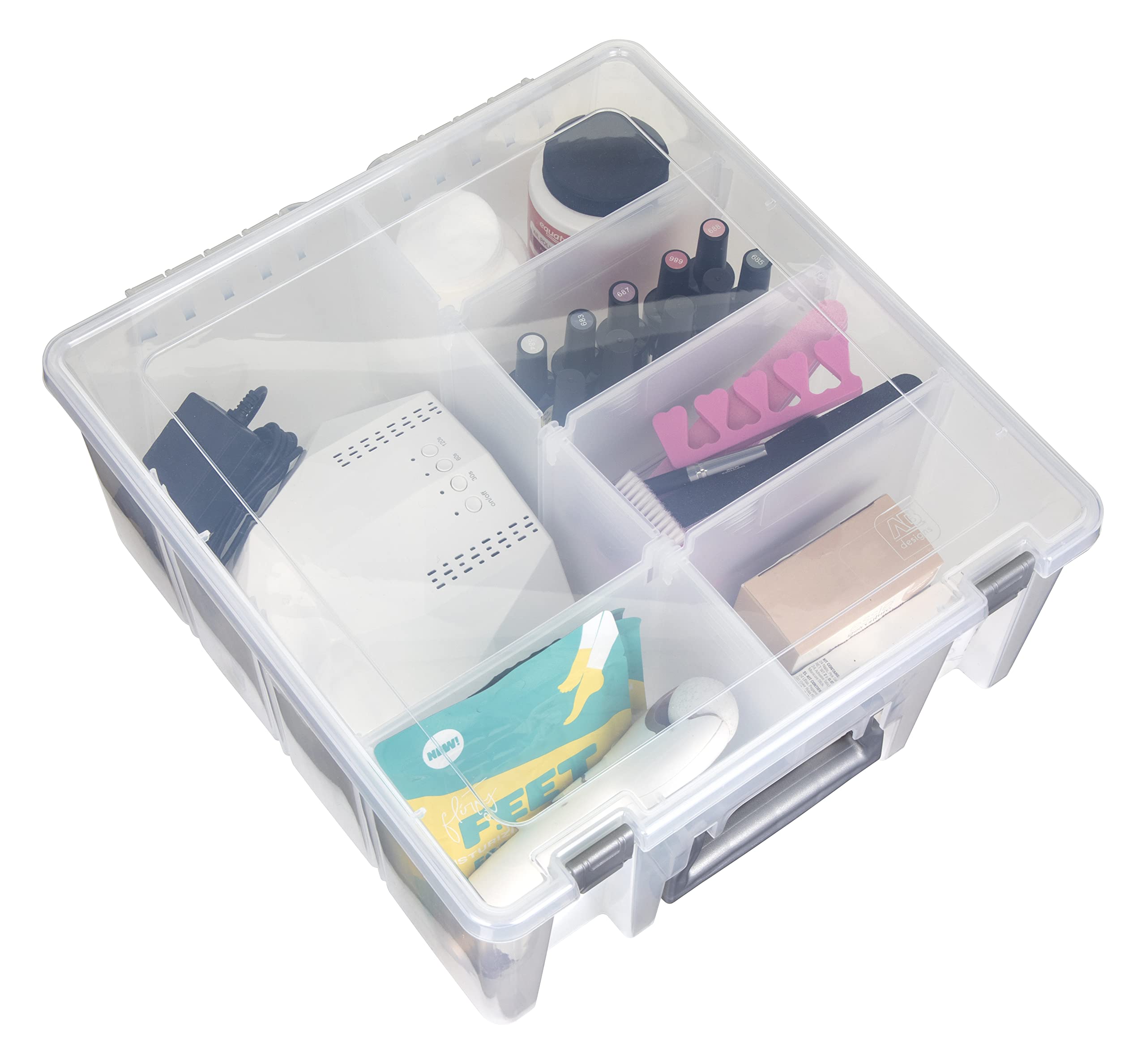 AB Designs 6990ABD Super Satchel Double Deep with Removable Dividers  Stackable Home Storage Organization Container  Clear with Sliver Latches and Handle