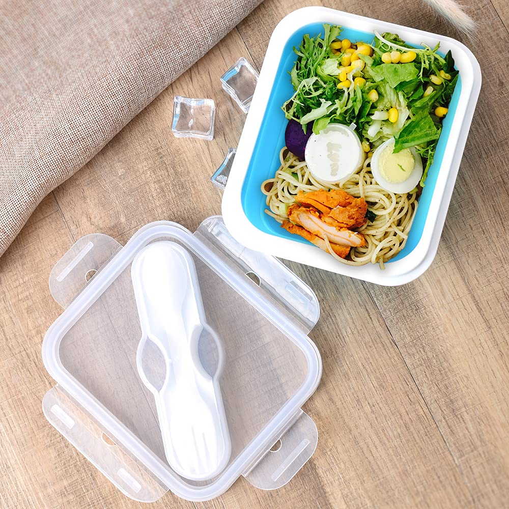 Ionegg Silicone Lunch Container With Spoon & Fork, Bento Box, Collapsible Food Storage Container With Clip-On Lid, 20 Oz