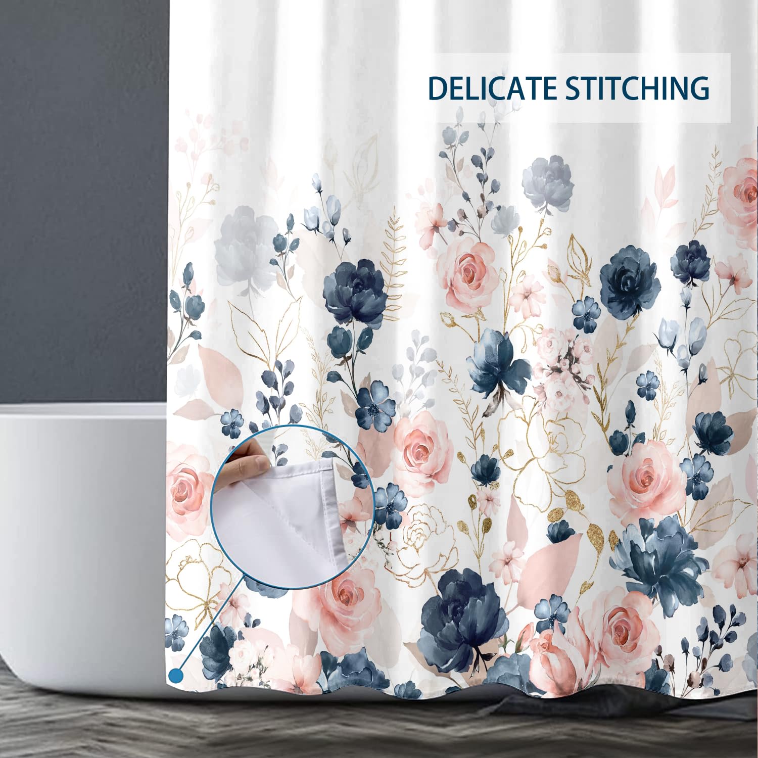 Bivinar Extra Long Navy Blue And Pink Roses Floral Shower Curtain 72 X 84 Inch, Watercolor Flowers Bathroom Shower Curtain, Wate