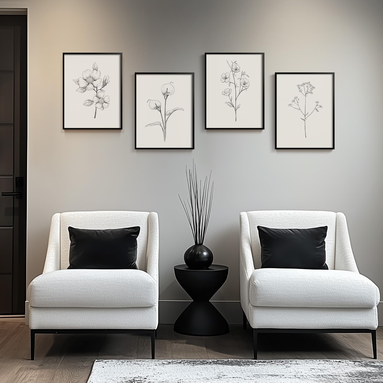 Black And White Floral Wall Art With Black Framed, Set Of 4 Rustic Canvas Paintings Prints Artwork For Walls, Minimalist Flower