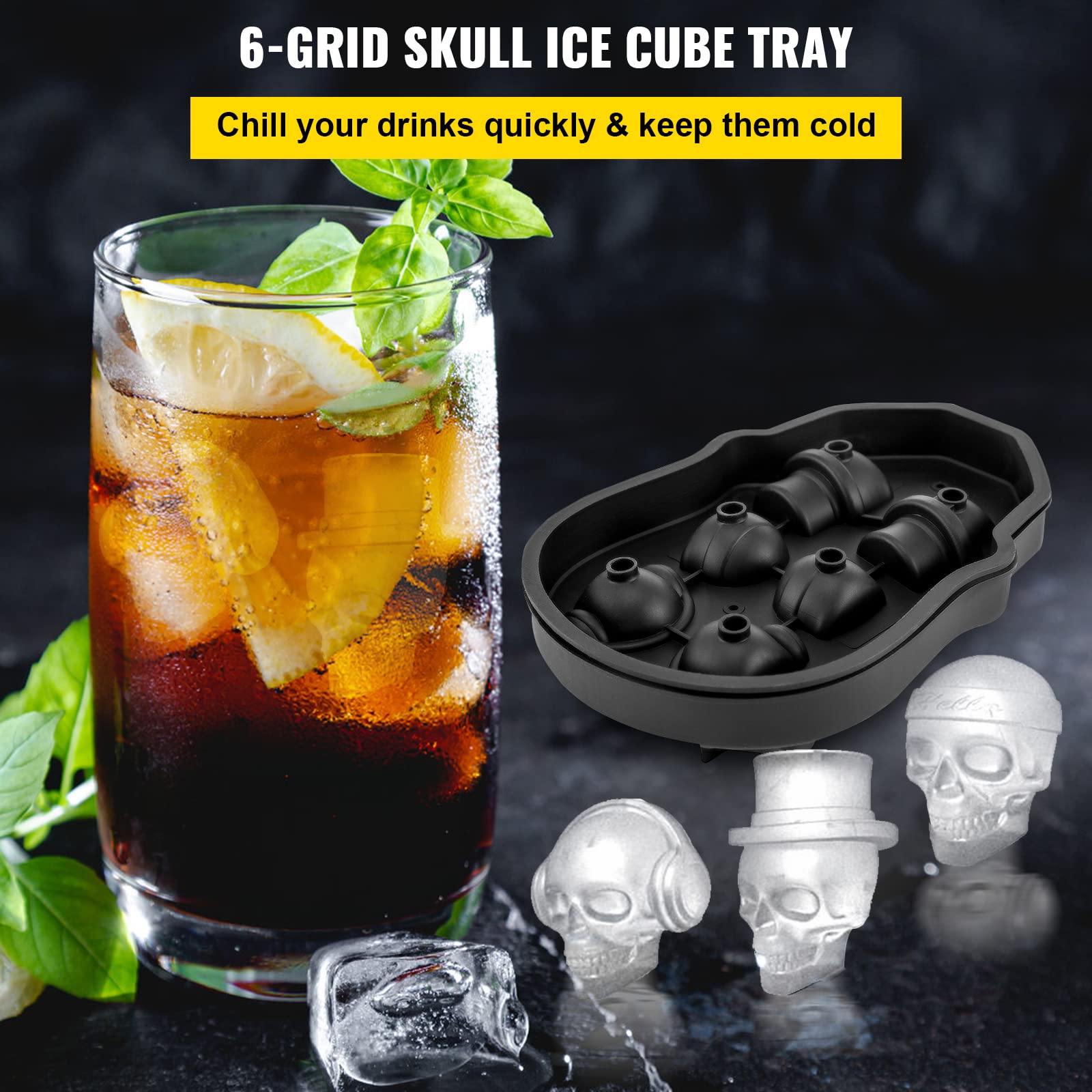 Vevor Skull Ice Cube Tray, 6-Grid Skull Ice Ball Maker, Flexible Black Silicone Ice Tray With Lid & Funnel, Skull Ice Cubes In 3