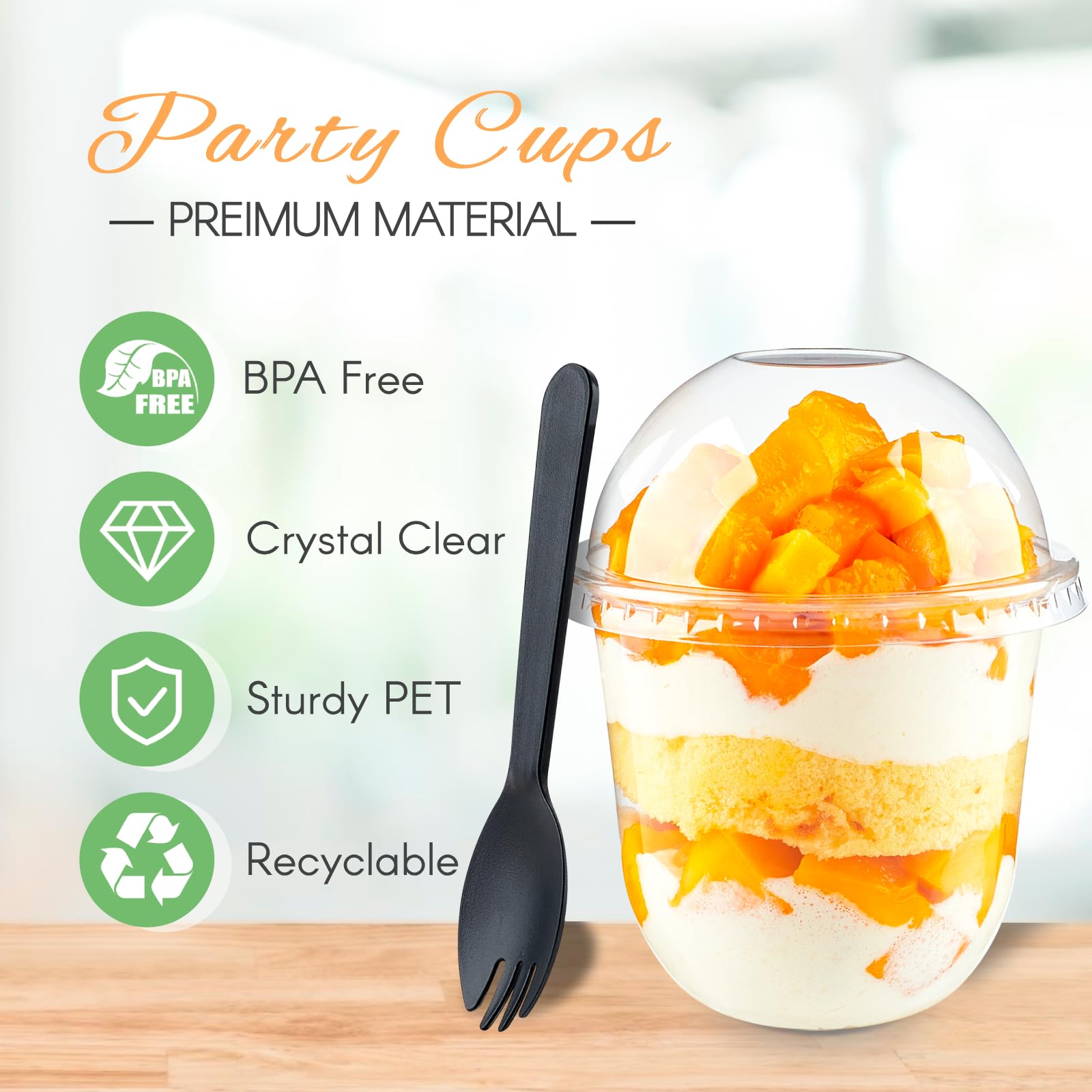 Zezzxu 50 Pack 12 Oz Plastic Dessert Cups With Dome Lids (No Hole) And Sporks, Crystal Clear Pet Disposable Yogurt Parfait Cups
