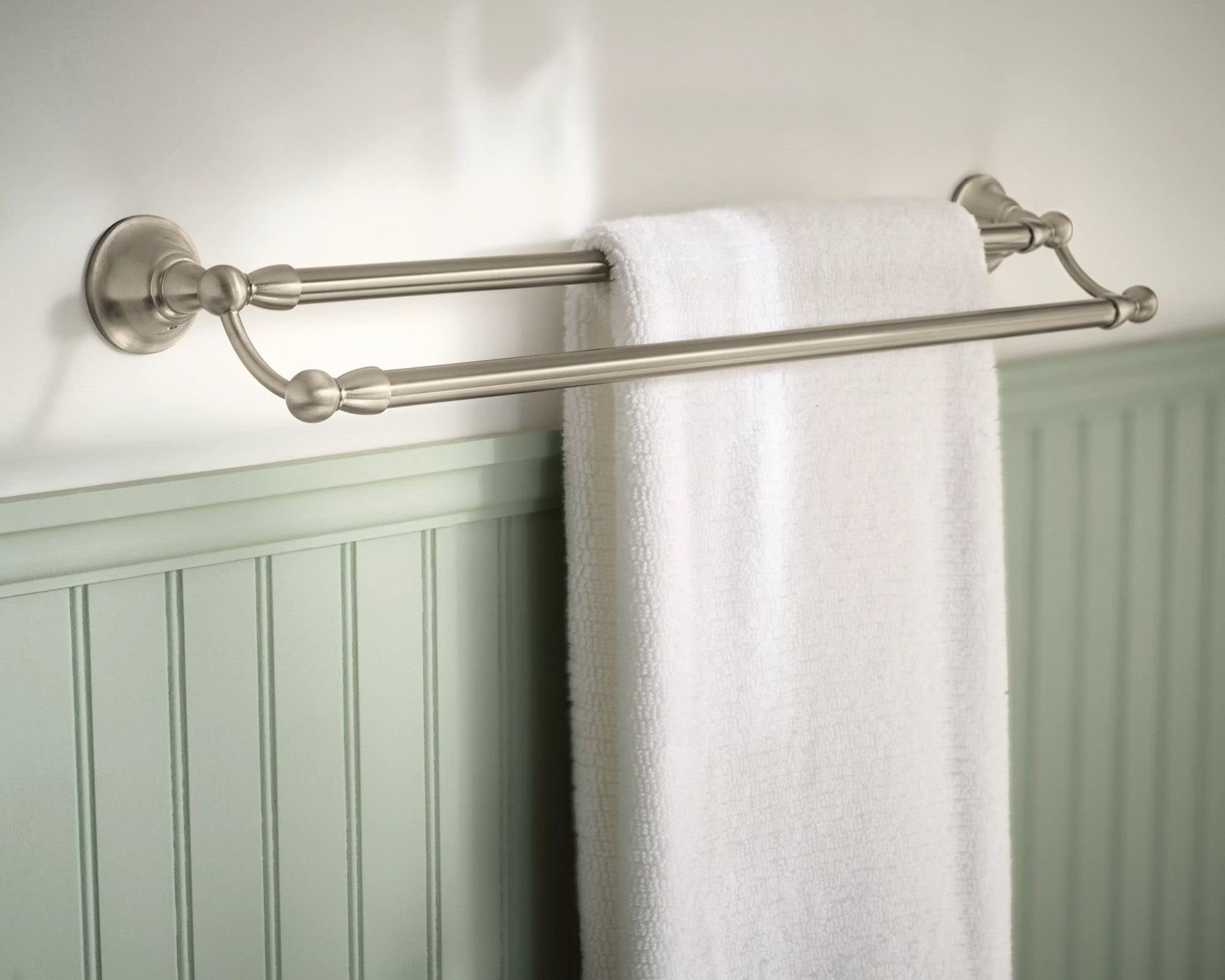 Moen Sage Collection Spot Resist Brushed Nickel 24-Inch Double-Towel Bar, Wall Mounted Bath Towel Hanger With Two Rods, Dn6822Bn