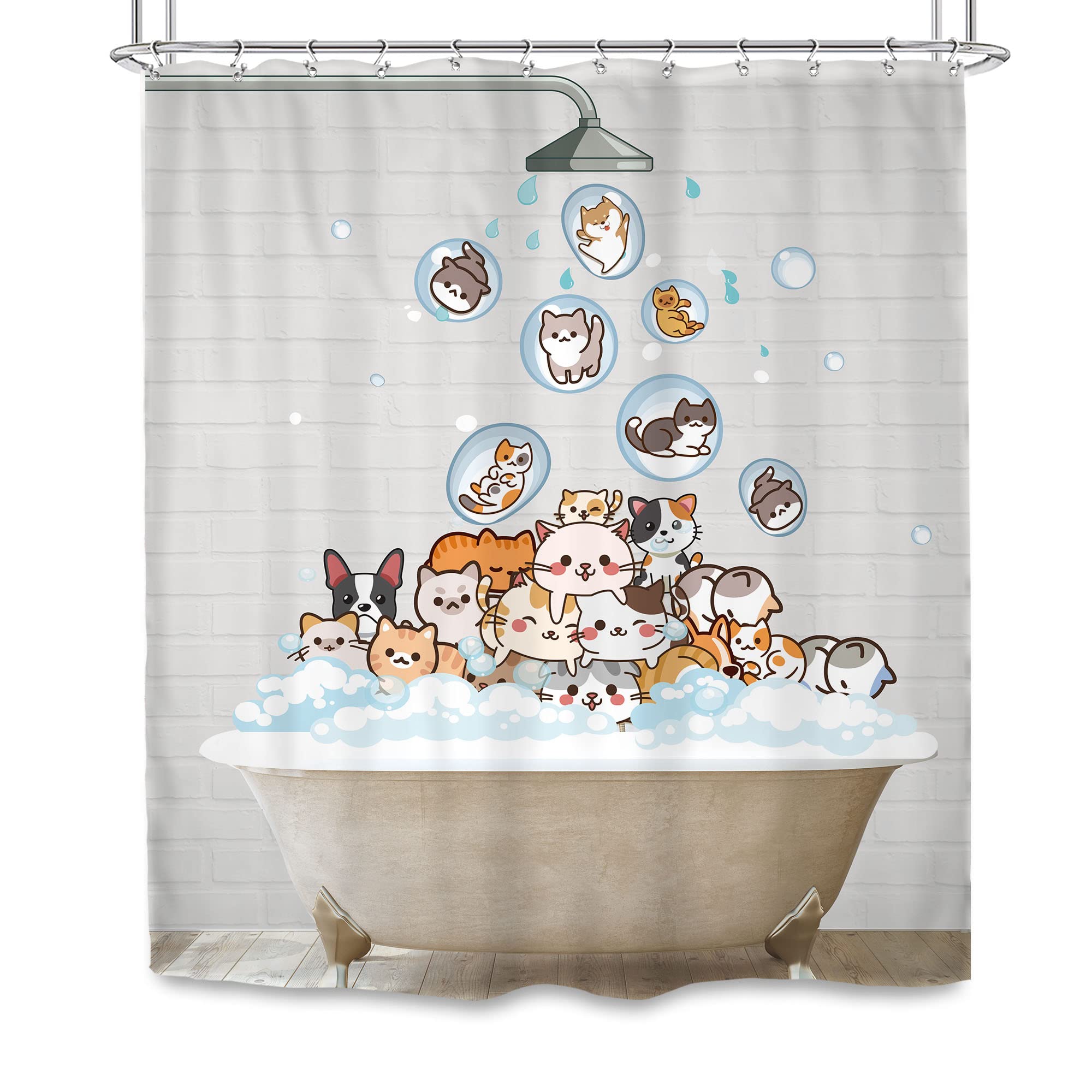 SVBright Cute Raining Cats Shower Curtain 60Wx72L Inch for Kids Cartoon Dog Funny Animals Nursery Lovely Hilarious Pets Playing Water 12 Pack Hooks Fabric Polyester Waterproof Bathroom Bathtub Panels