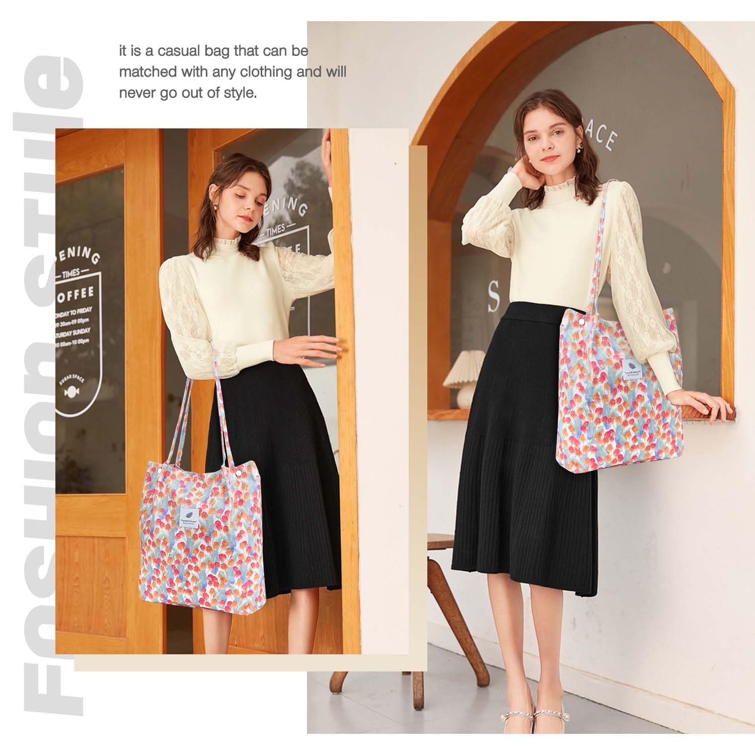 Lhmtqvk Corduroy Tote Bags For Women, Large Capacity Corduroy Bag Reusable Grocery Shoulder Bag With Inner Pockets(Tulips)