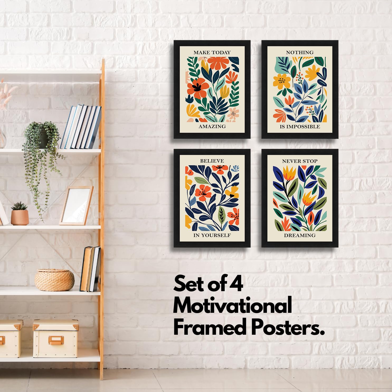 Interio Crafts Set Of 4 Inspirational Quotes Wall Framed Posters - Motivational Frames For Kitchen, Living Room, Bedroom Or Stud