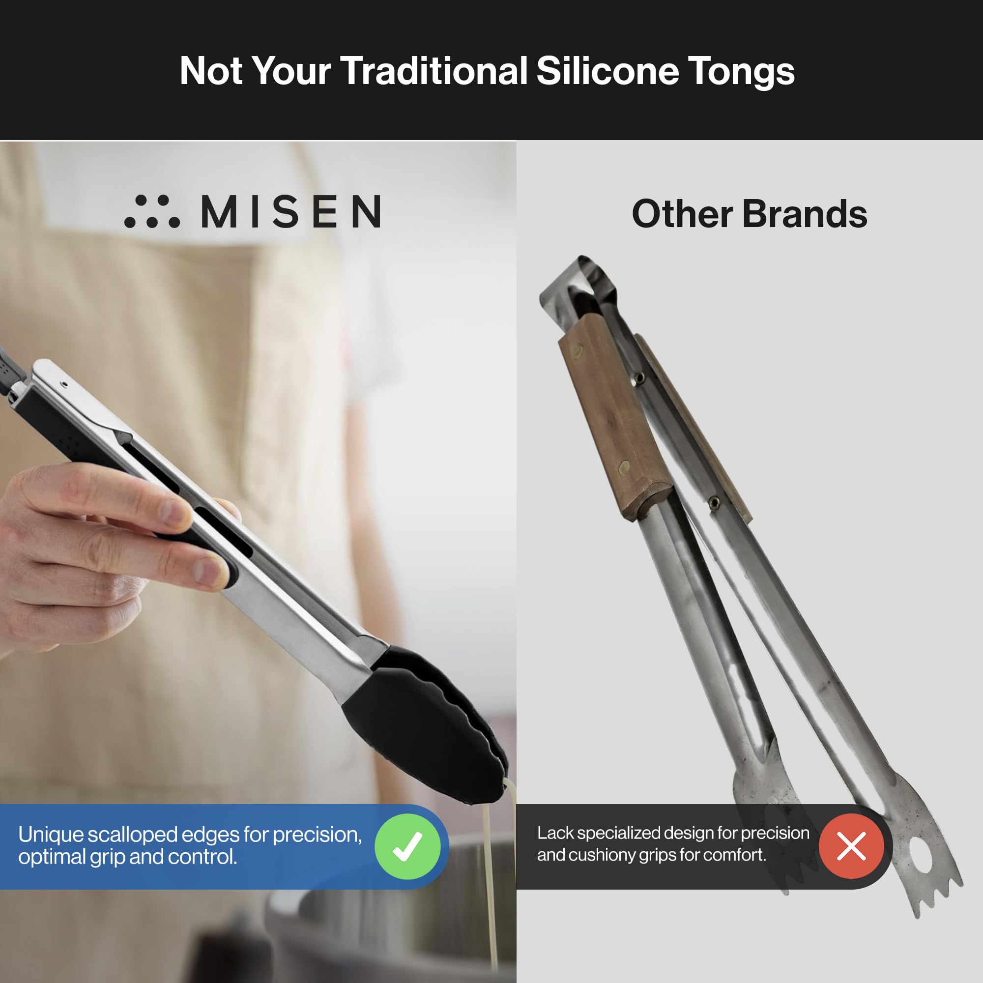 Misen Stainless Steel Kitchen Tongs - Precision Silicone-Tipped Grilling Tool - Heat Resistant, Heavy Duty, Nonstick - Perfect F