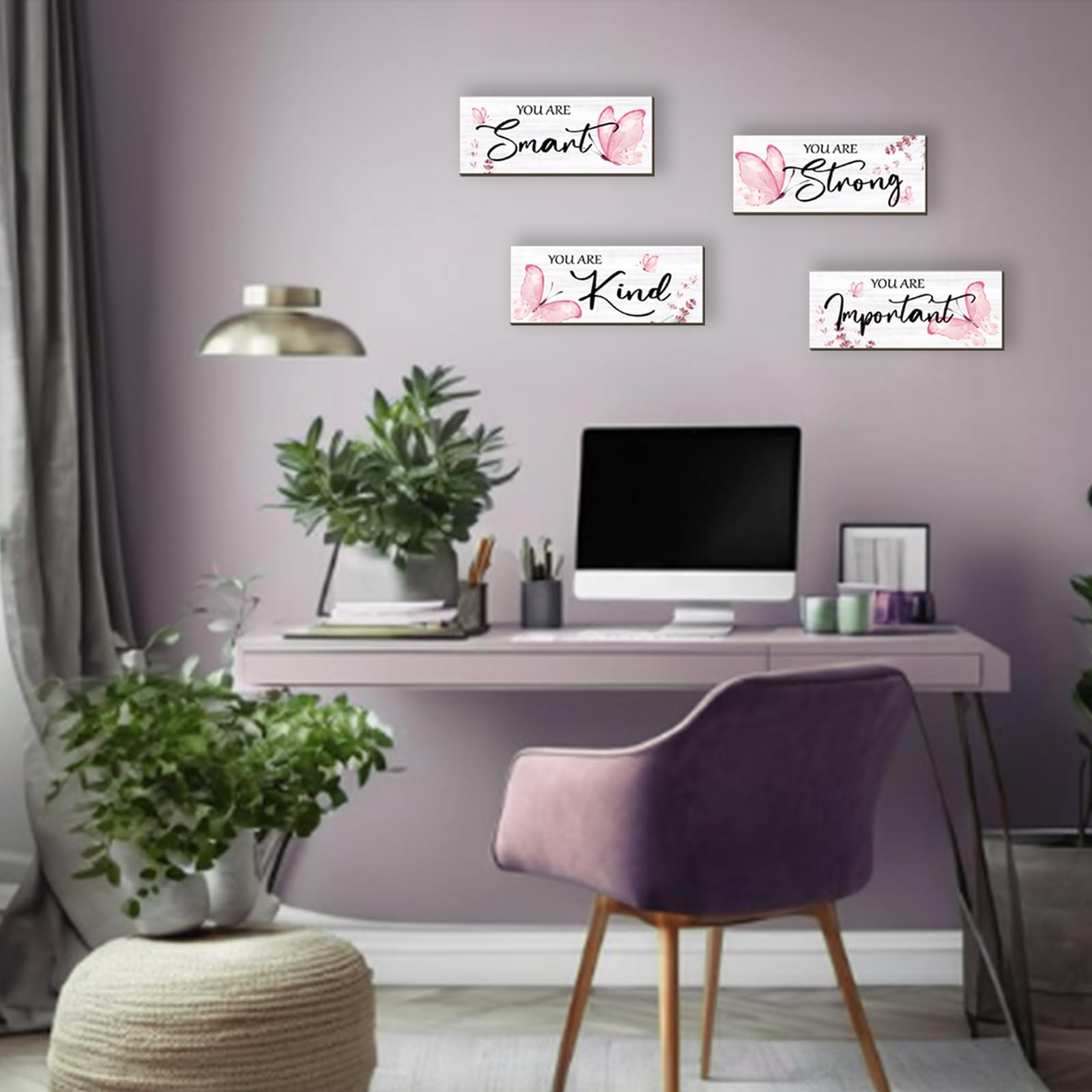 DONFENTHY 4 Pcs Butterfly Wall Decor Pink Room Decor Wooden Positive Butterfly Decor with Inspirational Word Sign for Teen Girls