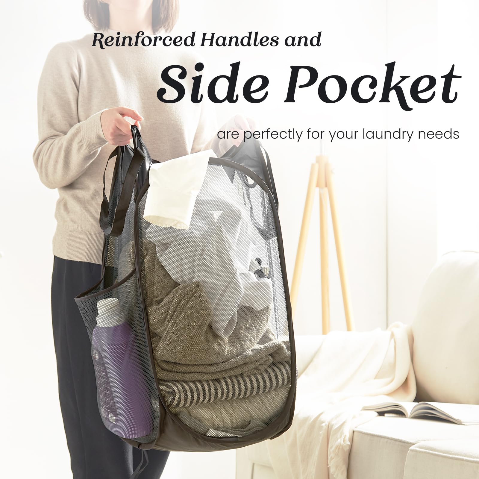 Collapsible Mesh Pop Up Laundry Hamper With Sturdy Handles And Side Pocket - Portable Foldable Clothes Baskets For Dorm, Bathroo