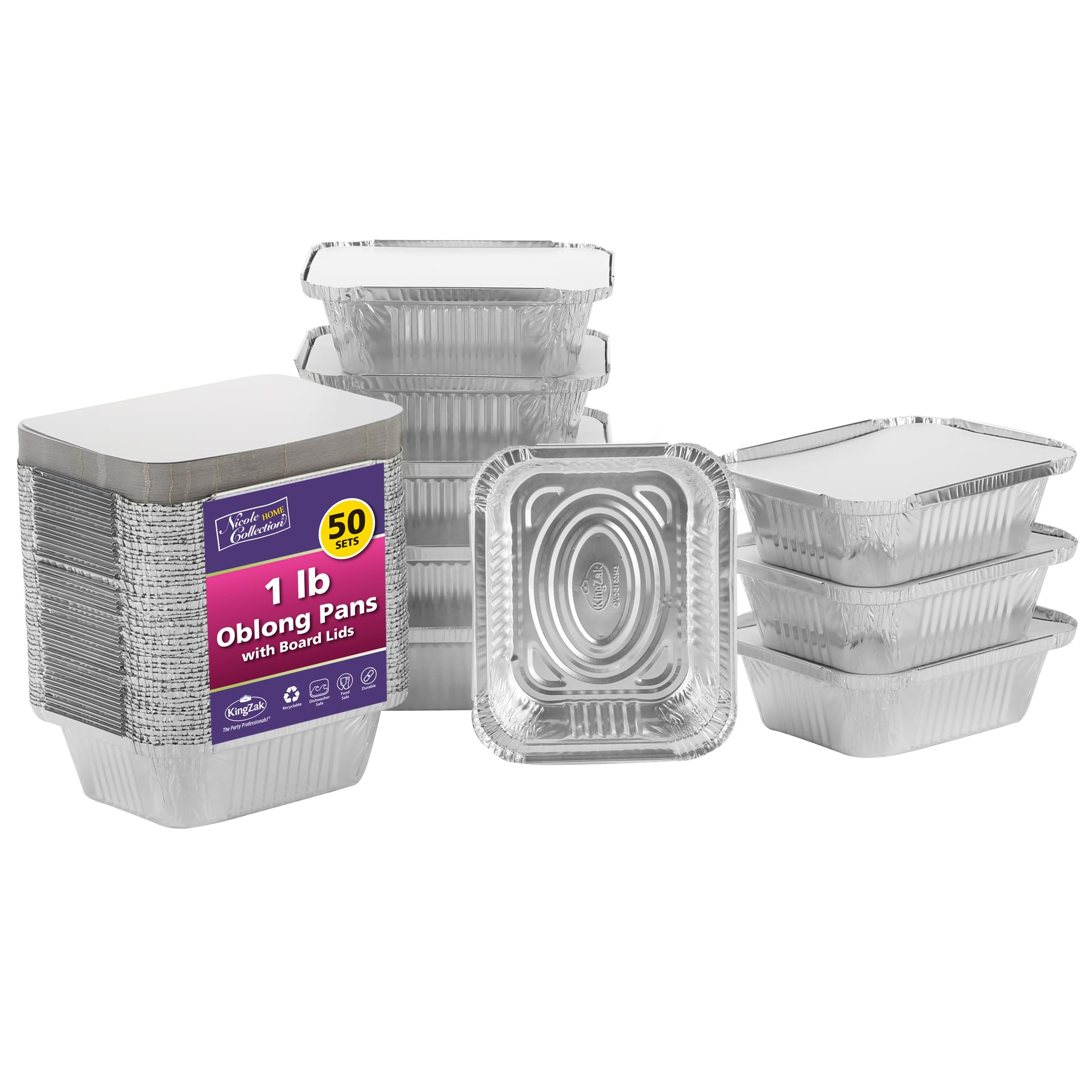 Nicole Home Collection Aluminum Pans With Lids - 50 Count - 1LB Oblong Pans (5x4)- To Go Containers With Lids - Disposable Tin F