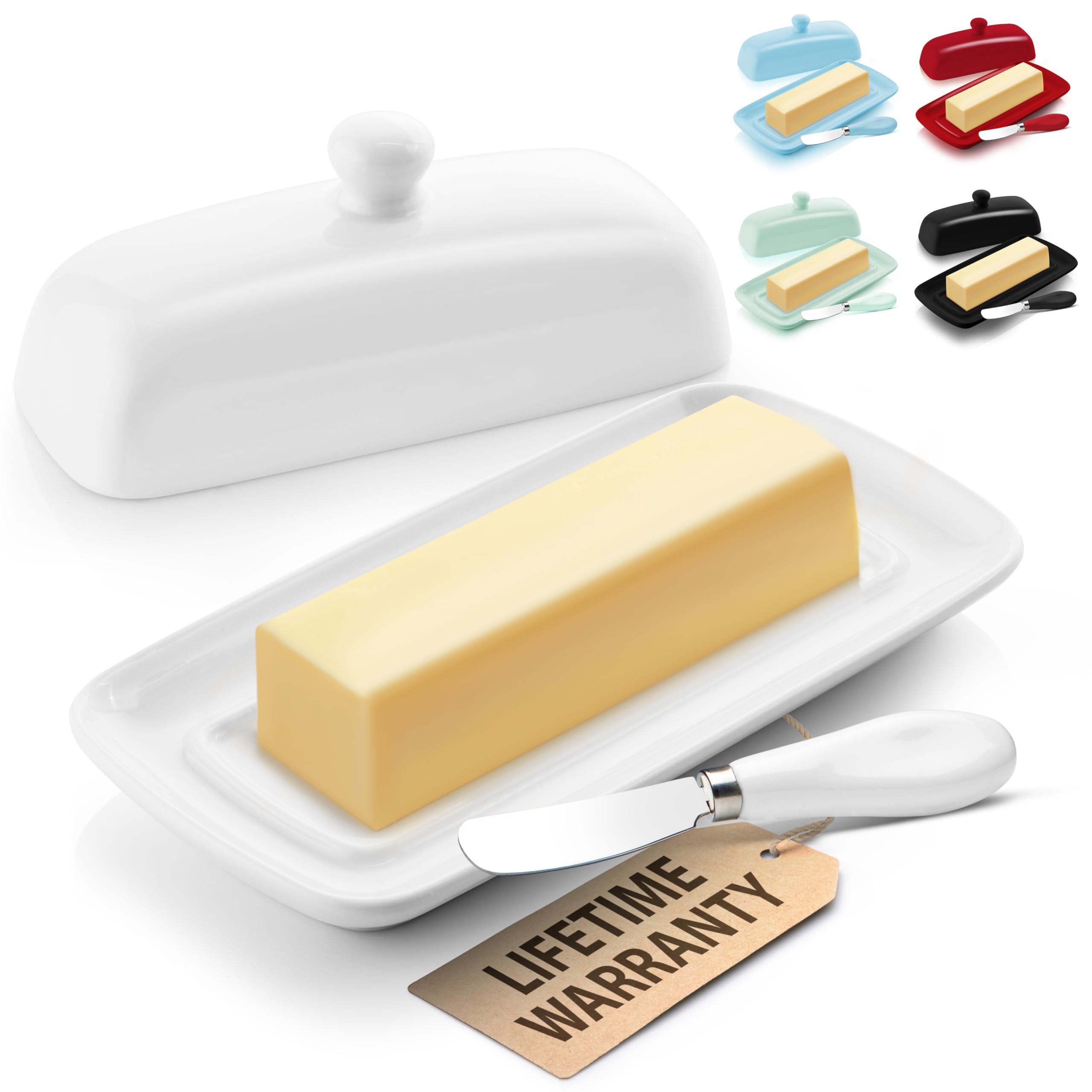 Zulay Kitchen Butter Dish With Lid For Countertop - Porcelain White, Ceramic Butter Dish with Knob Handle Great for Cooking - El