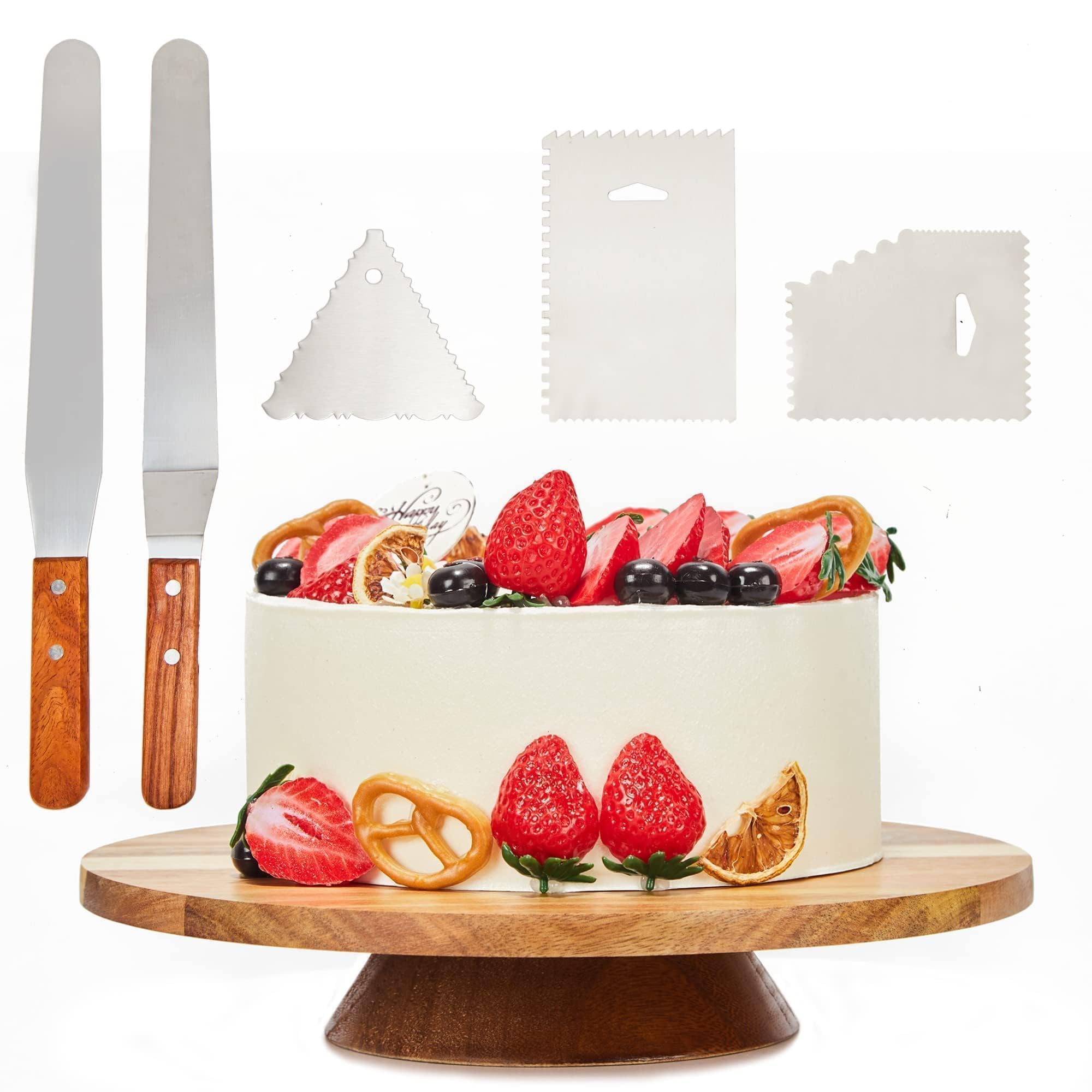 12  Acacia Wood Revolving Cake Stand, Rotating Cake Turntable with 2 Icing Spatulas, 3 Smoothers, Wooden Rotating Display Stand 