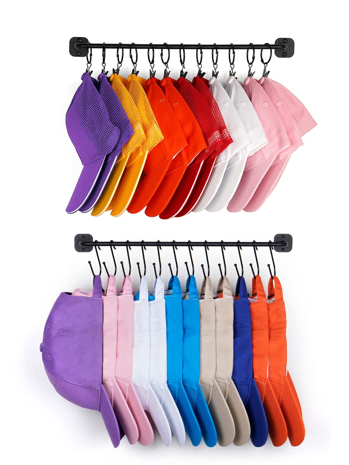 Hydermus Hat Rack For Wall 24 Baseball Caps, Modern Metal Hat Hook With 12 Clips And 12 Hooks Hat Holder Wall-Mounted Hat Hook S