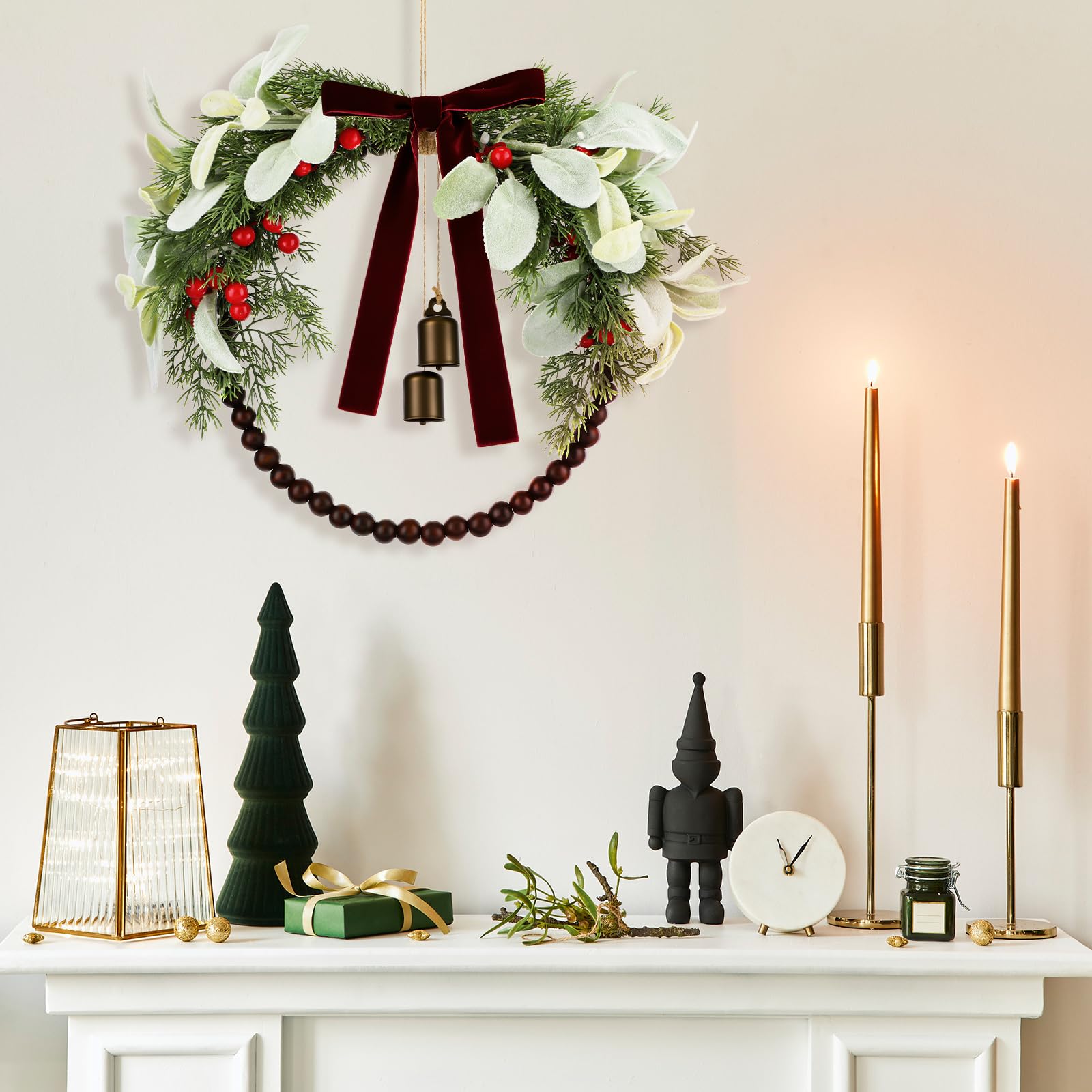 Suncalla 12 Inch Olive Norfolk Pine Christmas Wreath with Wooden Bead Bell Christmas Kitchen Cabinet Wreath for Front Door Farmh